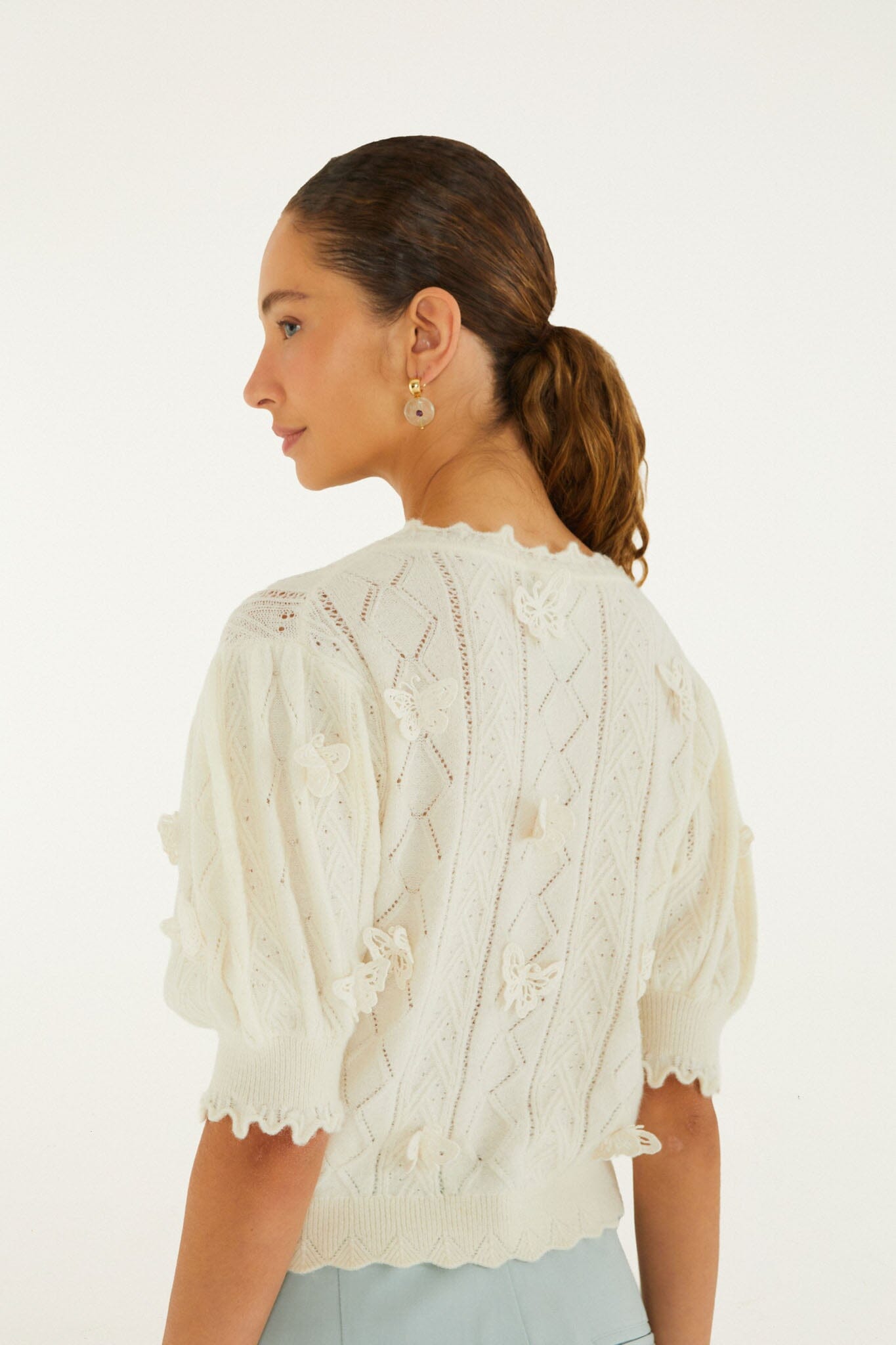 FARM Rio model wearing the Richilieu 3d Butterflies Artisanal Knit Top
