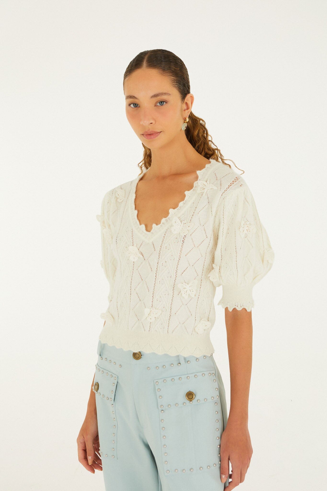 FARM Rio model wearing the Richilieu 3d Butterflies Artisanal Knit Top