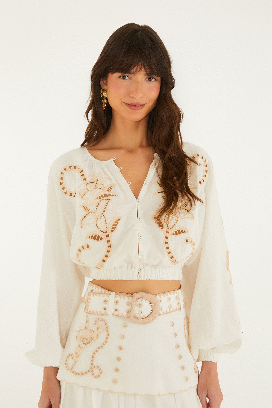 FARM Rio model wearing the Richilieur Off-White Long Sleeve Blouse