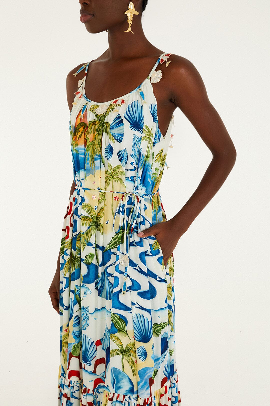FARM Rio model wearing the Rio Beach Off-White Maxi Dress