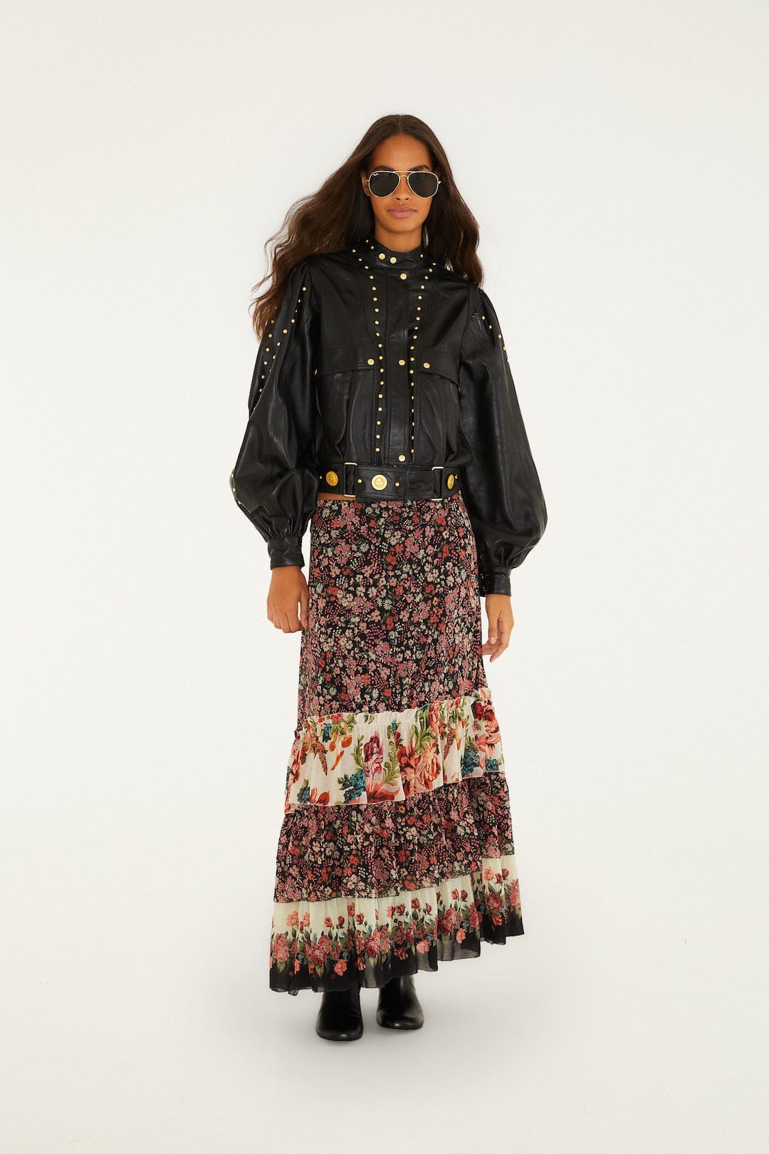 FARM Rio model wearing the Riveted Buttoned Leather Jacket