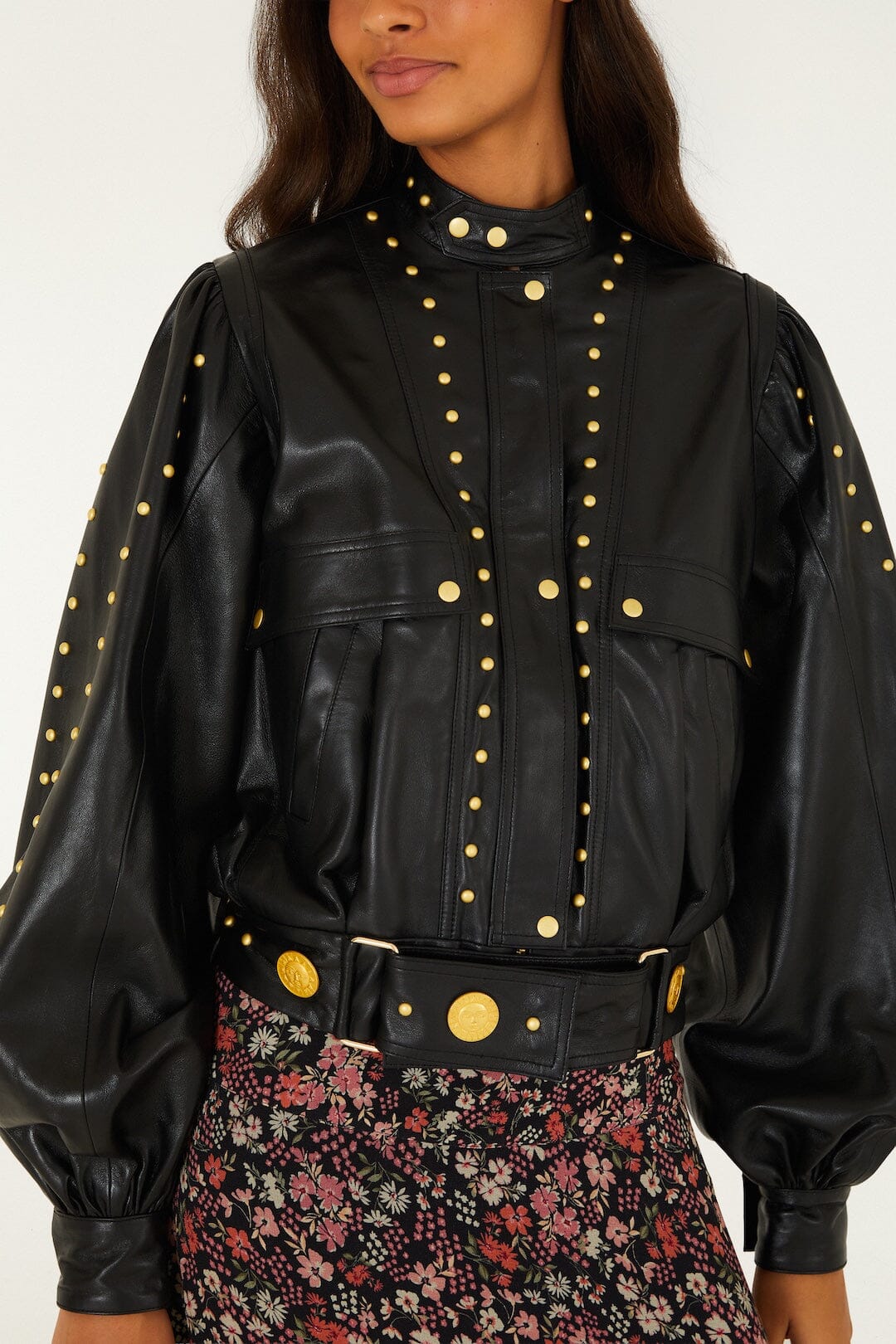 FARM Rio model wearing the Riveted Buttoned Leather Jacket