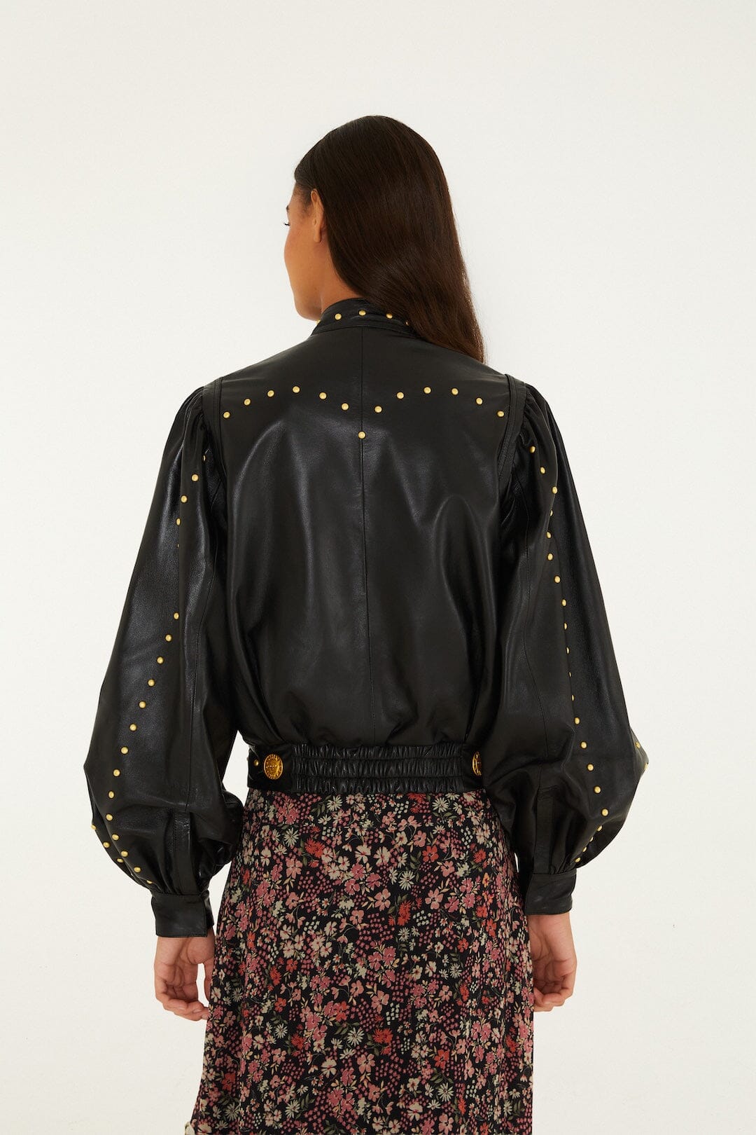 FARM Rio model wearing the Riveted Buttoned Leather Jacket