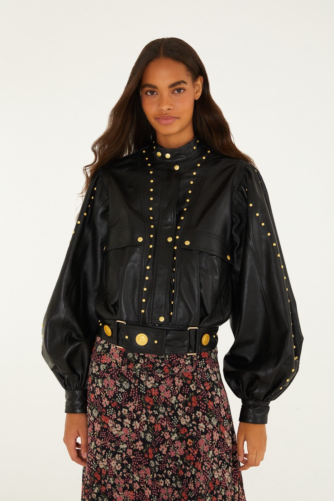 FARM Rio model wearing the Riveted Buttoned Leather Jacket