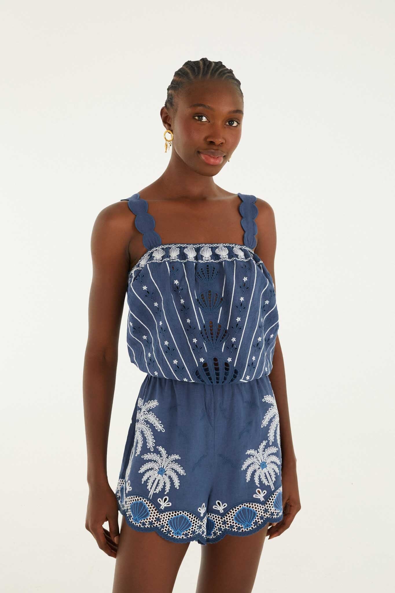 FARM Rio model wearing the Romper With Embroidery