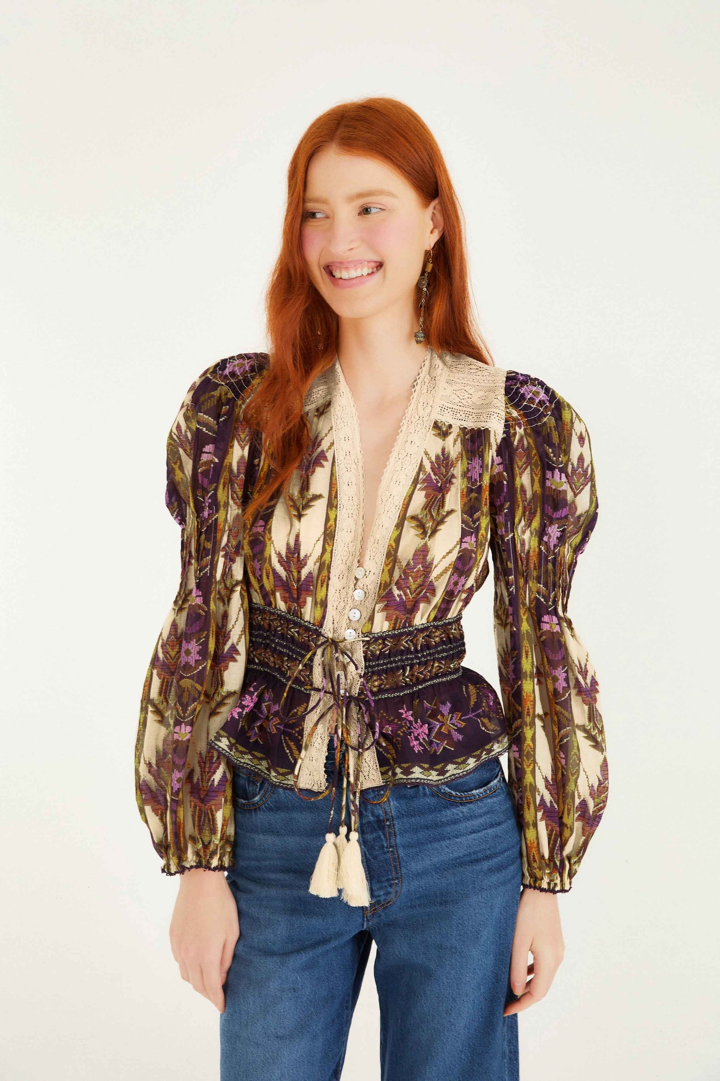 FARM Rio model wearing the Sand Embroidered Tapestry Long Sleeve Blouse