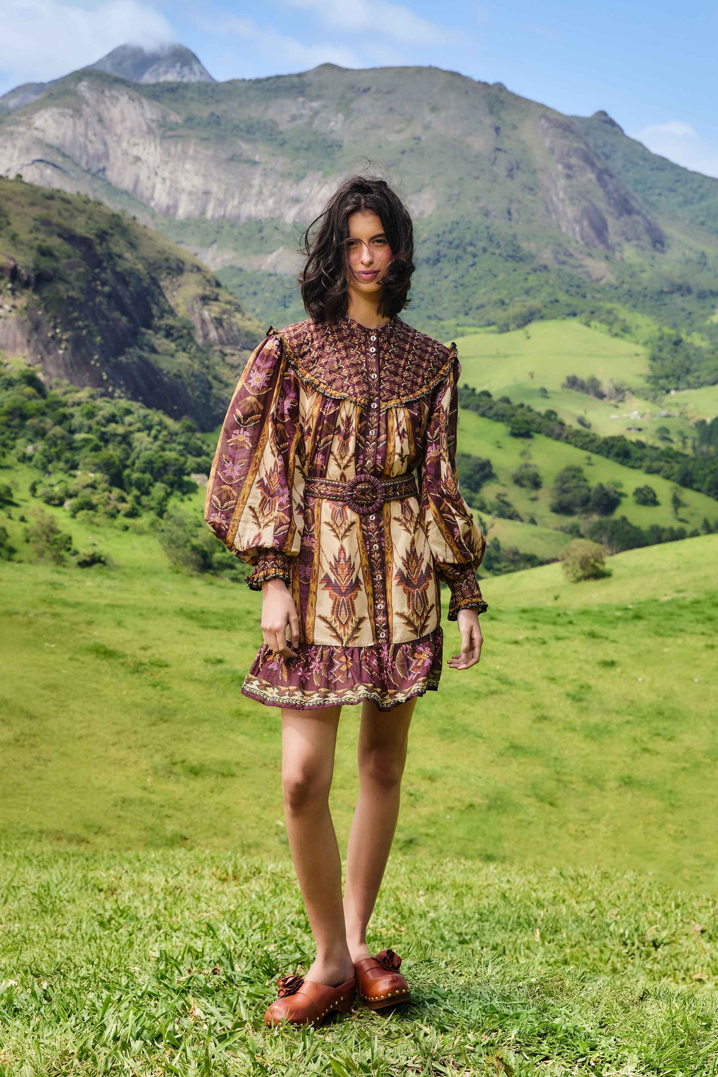 FARM Rio model wearing the Sand Embroidered Tapestry Long Sleeve Mini Dress