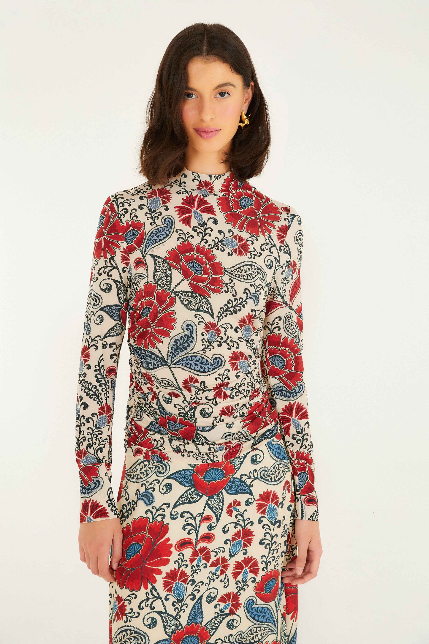 FARM Rio model wearing the Sand Francesca Jersey Blouse