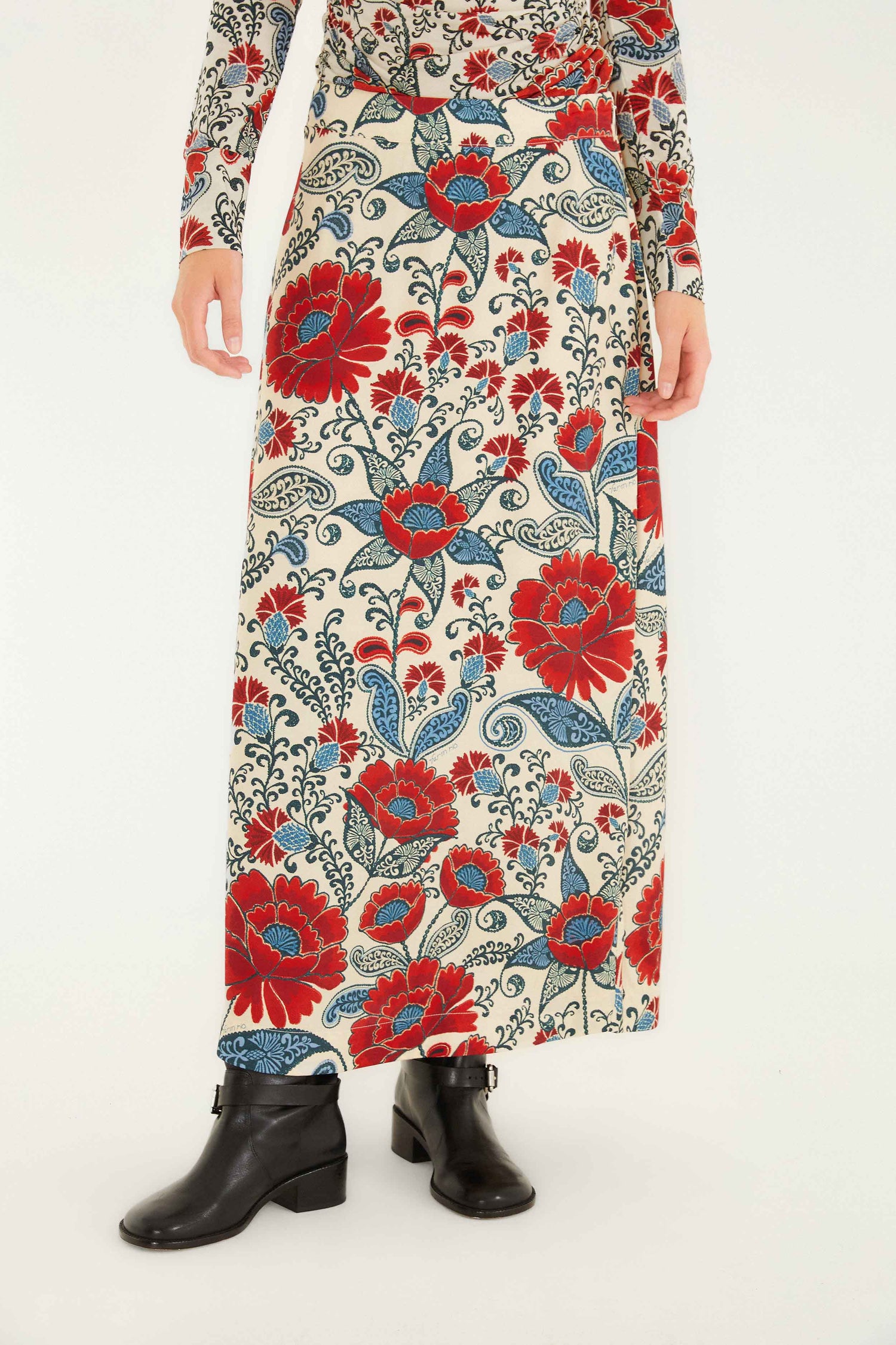 FARM Rio model wearing the Sand Francesca Lenzing� Ecovero� Viscose Maxi Skirt