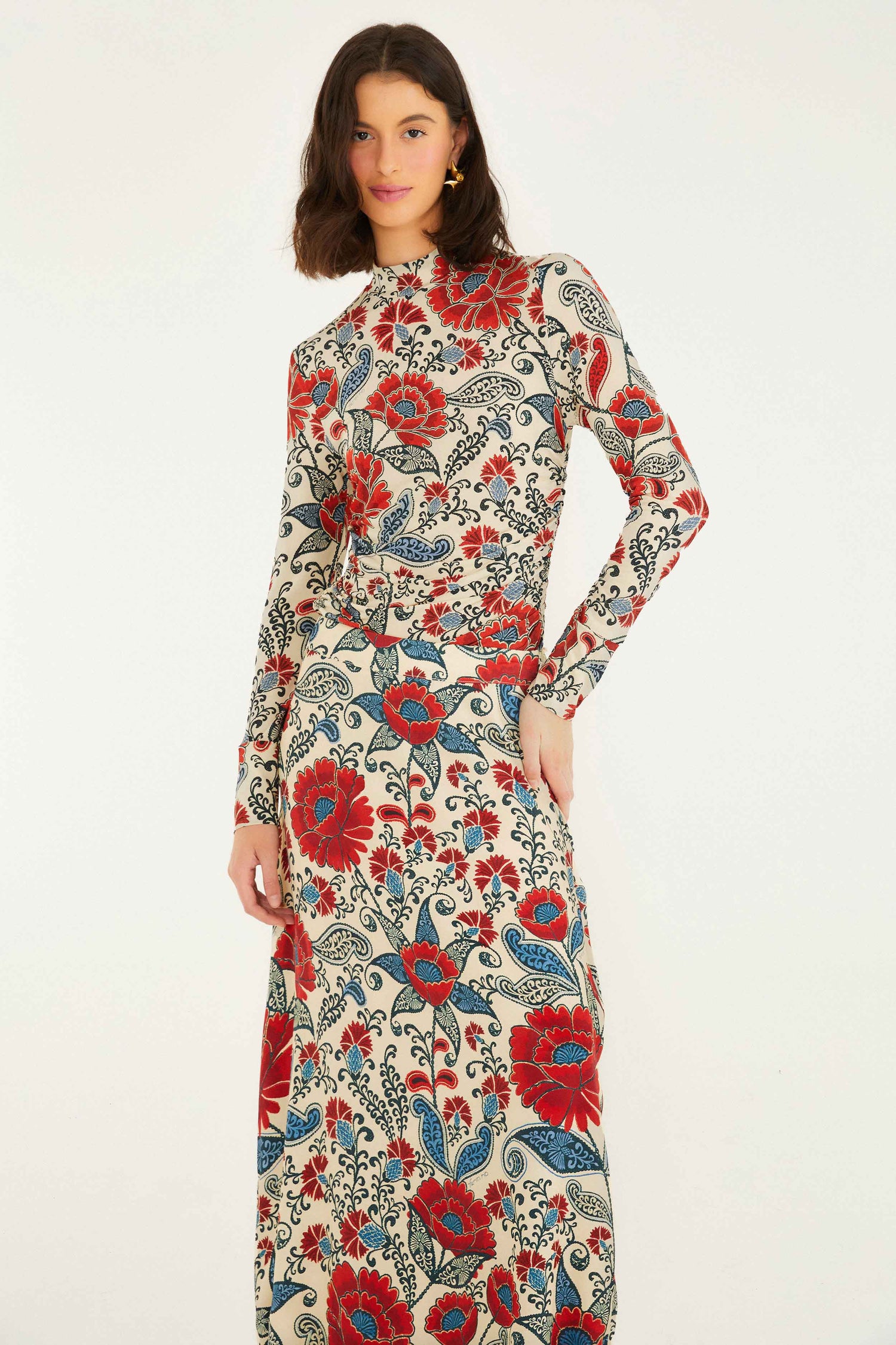 FARM Rio model wearing the Sand Francesca Lenzing� Ecovero� Viscose Maxi Skirt