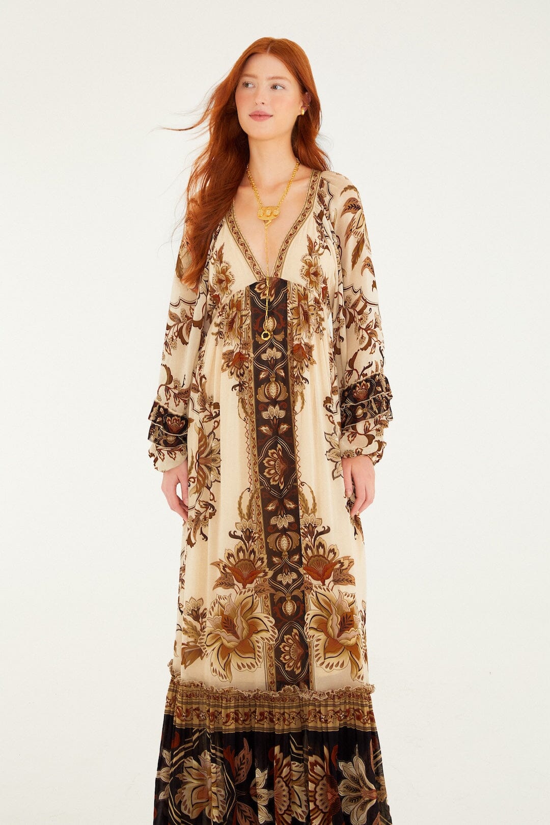 FARM Rio model wearing the Sand Majestic Garden Ruffled Maxi Dress