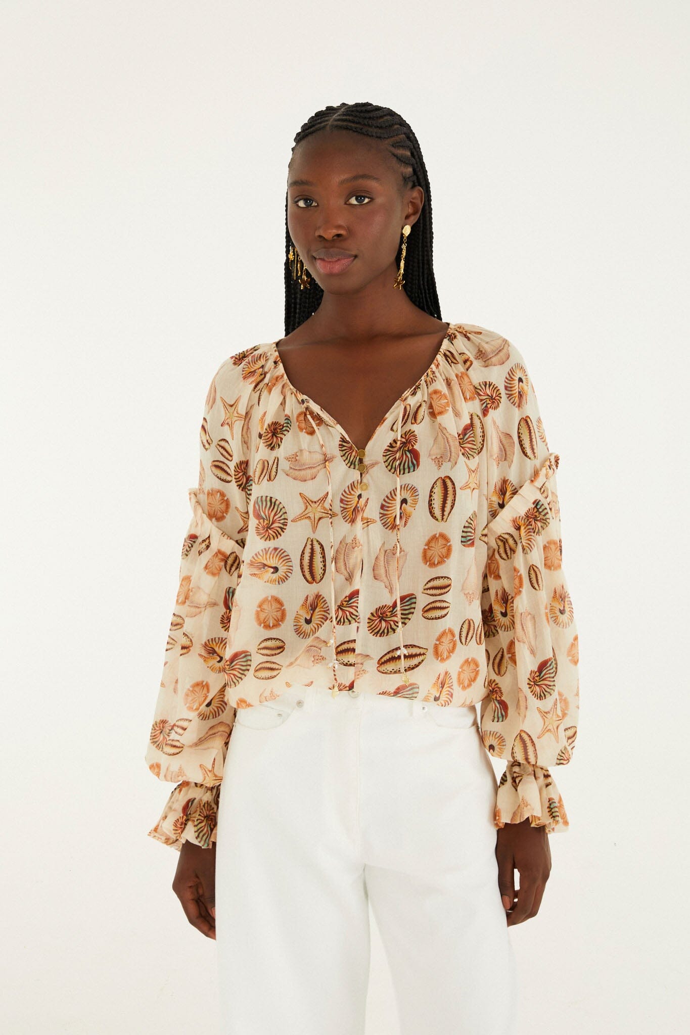 FARM Rio model wearing the Sand Marine Shells Beaded Ties Blouse