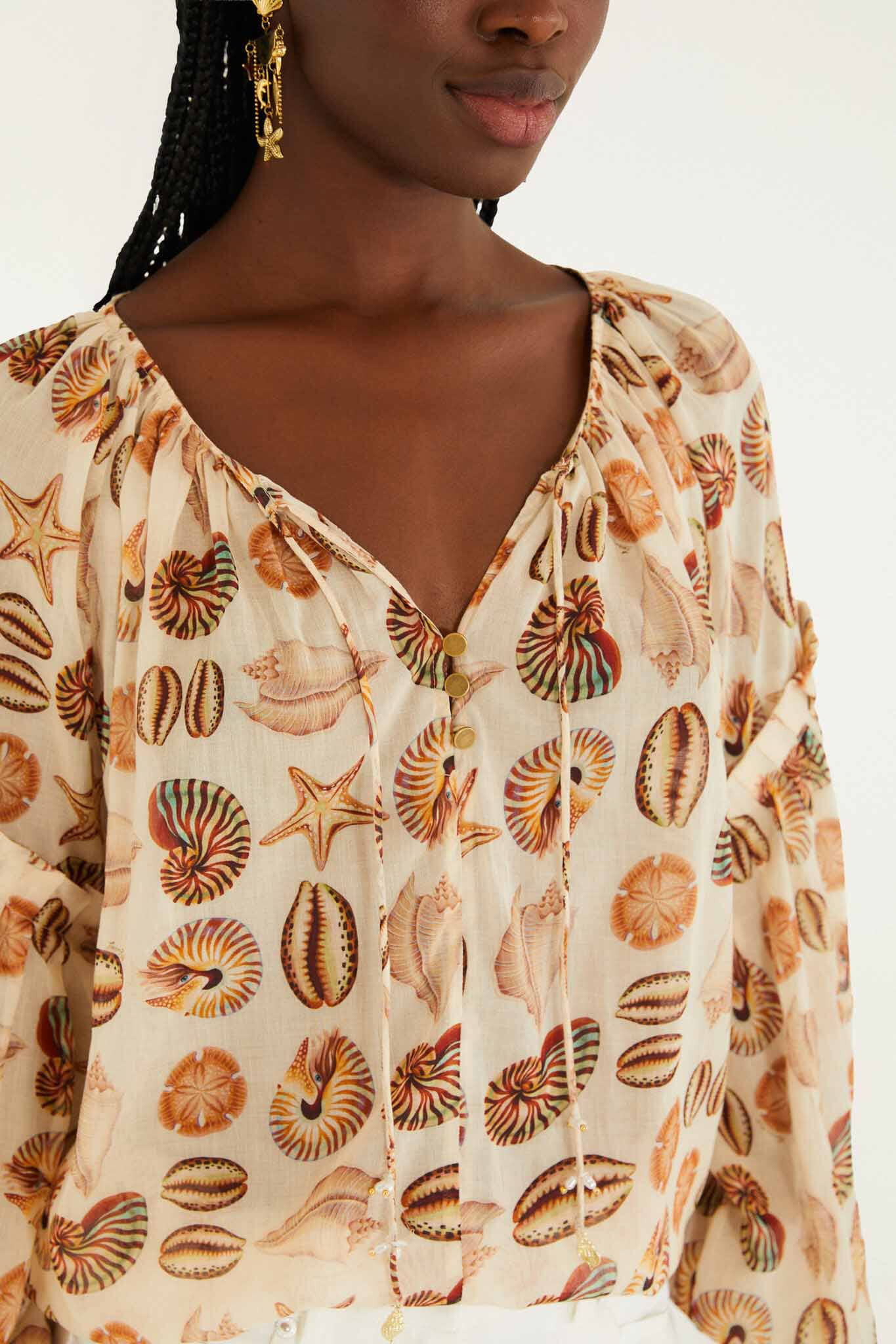 Sand Marine Shells Beaded Ties Blouse | FARM Rio
