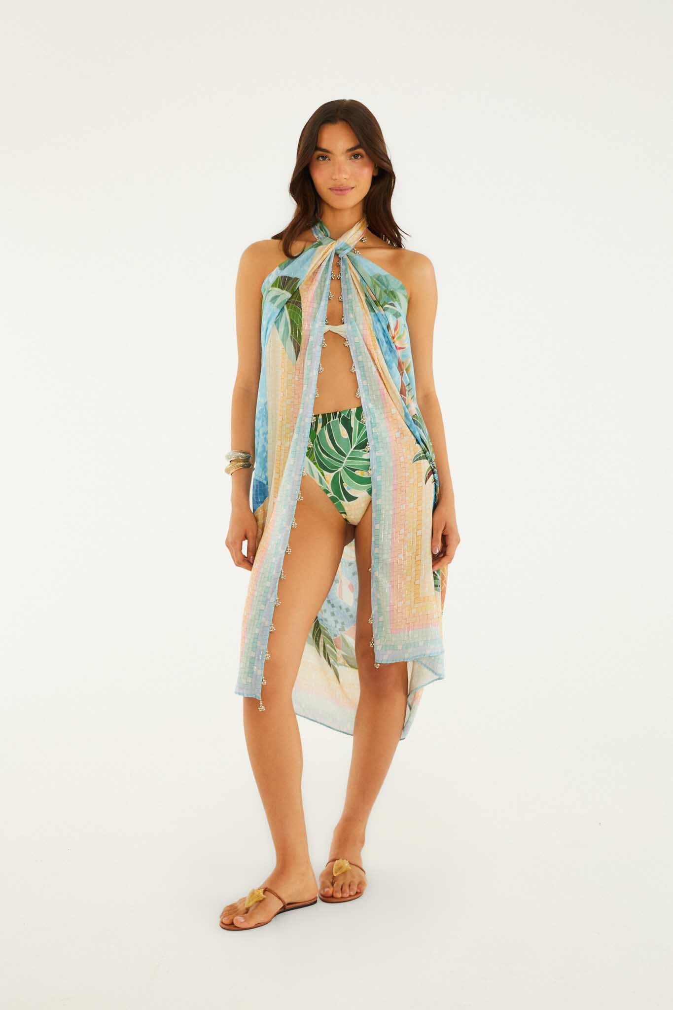 FARM Rio model wearing the Sarong With Silver Beads Along The Side