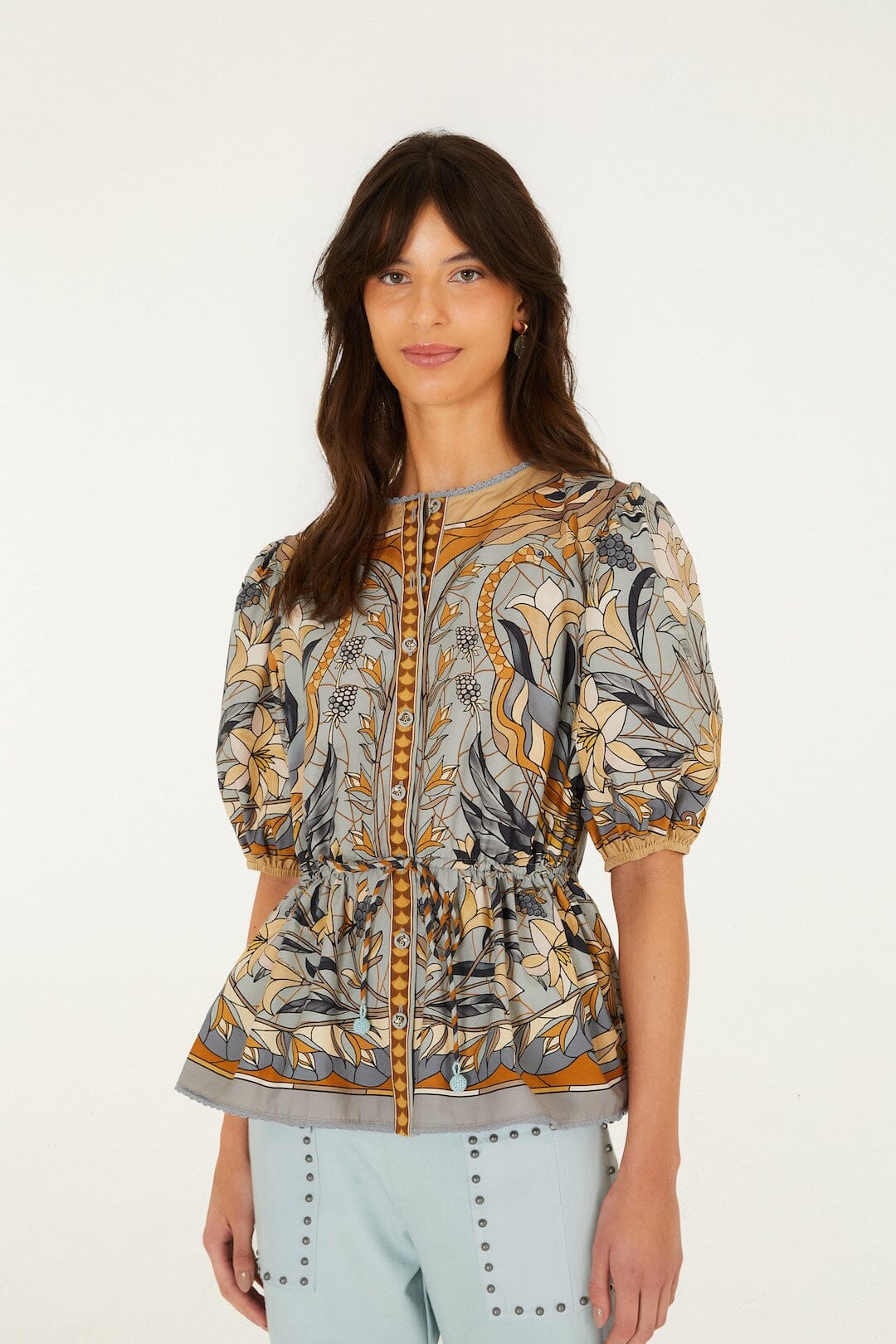 FARM Rio model wearing the Stained Glass Beauty Blouse