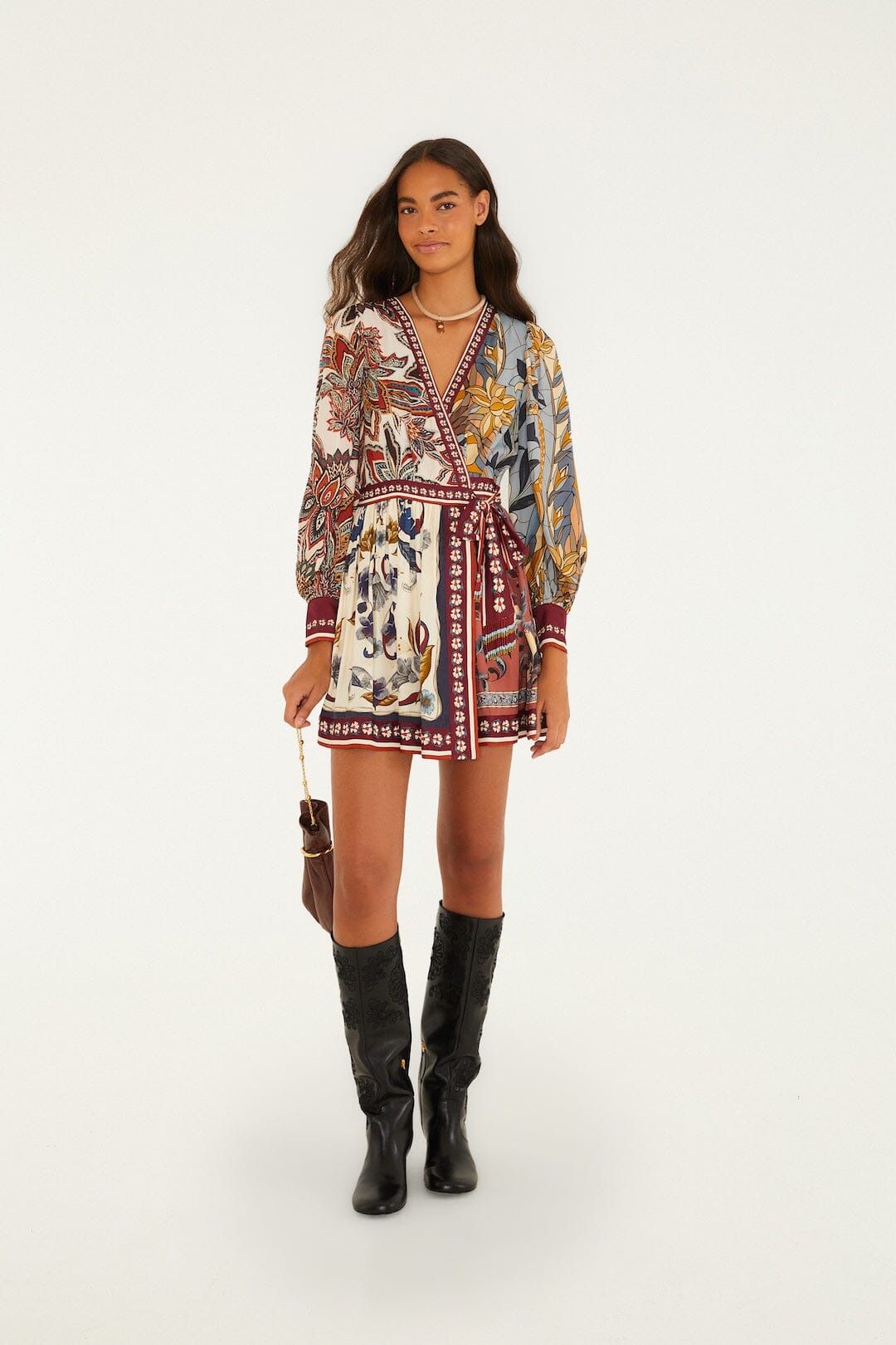 FARM Rio model wearing the Stained Glass Beauty Mixed Scarves Mini Dress