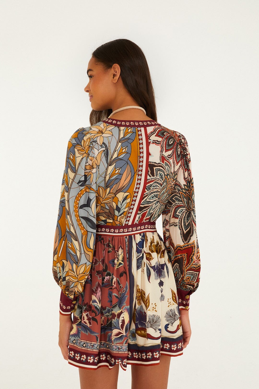 FARM Rio model wearing the Stained Glass Beauty Mixed Scarves Mini Dress