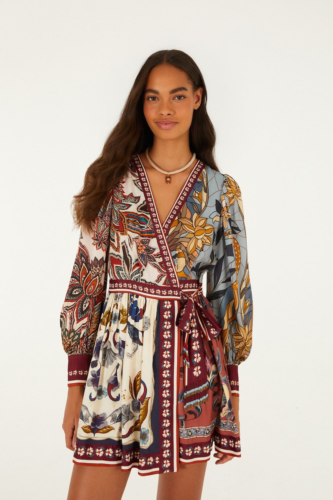 FARM Rio model wearing the Stained Glass Beauty Mixed Scarves Mini Dress