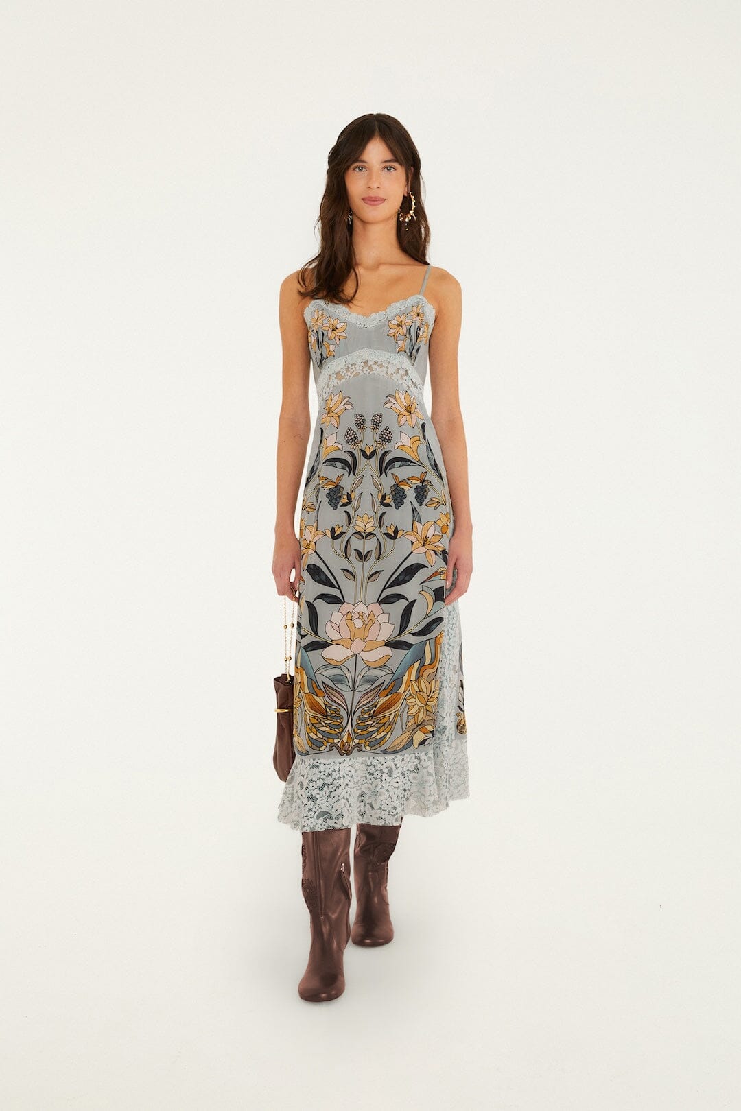 FARM Rio model wearing the Stained Glass Beauty Slip Midi Dress
