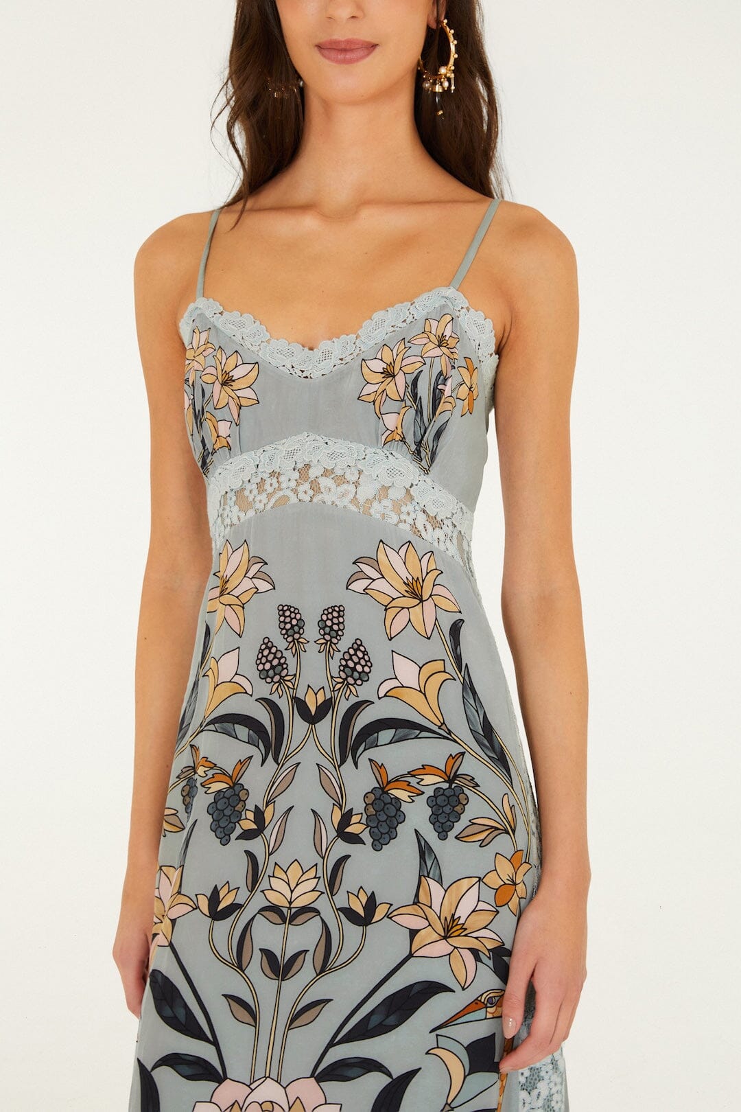 FARM Rio model wearing the Stained Glass Beauty Slip Midi Dress