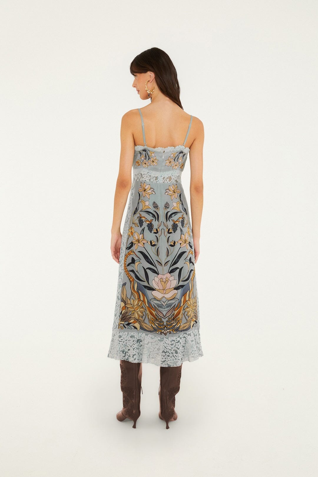 FARM Rio model wearing the Stained Glass Beauty Slip Midi Dress
