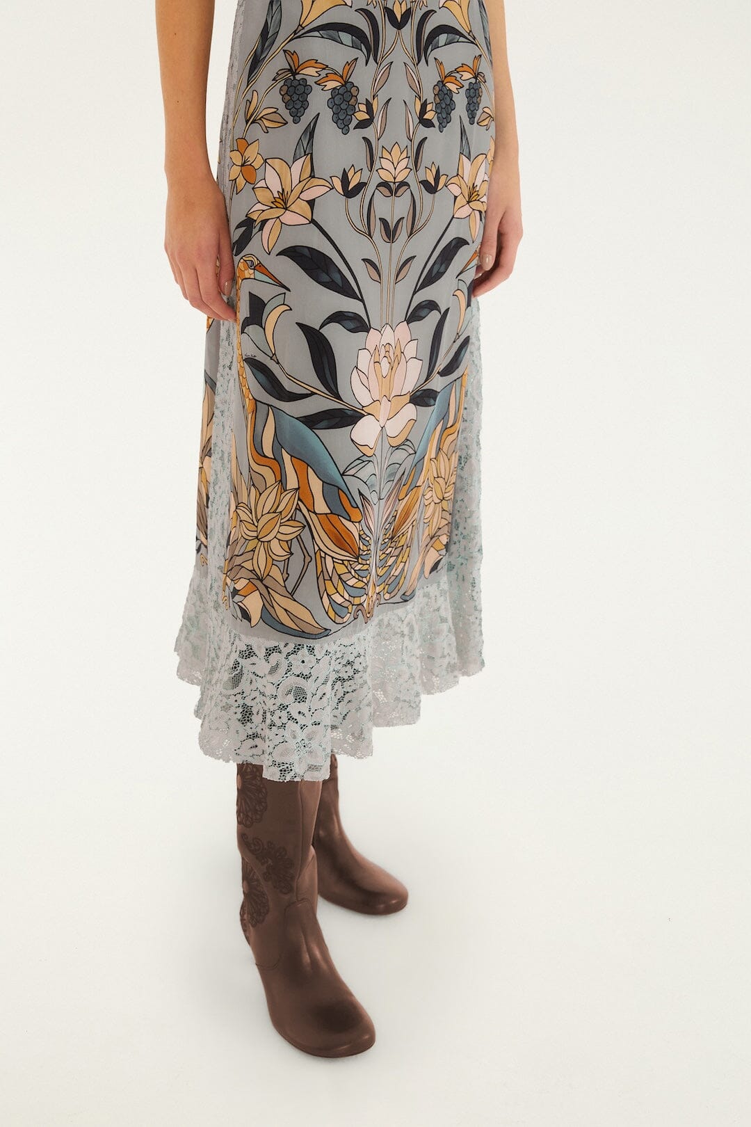 FARM Rio model wearing the Stained Glass Beauty Slip Midi Dress