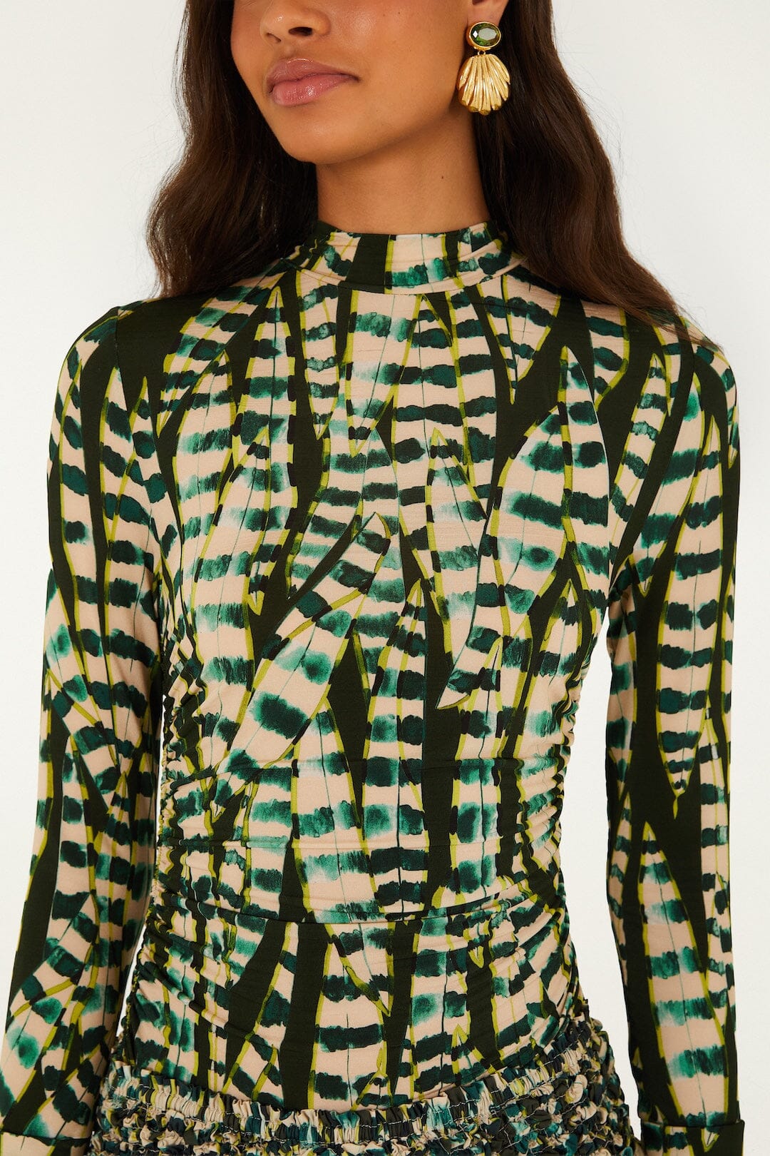 FARM Rio model wearing the Striped Leaves Long Sleeve Blouse