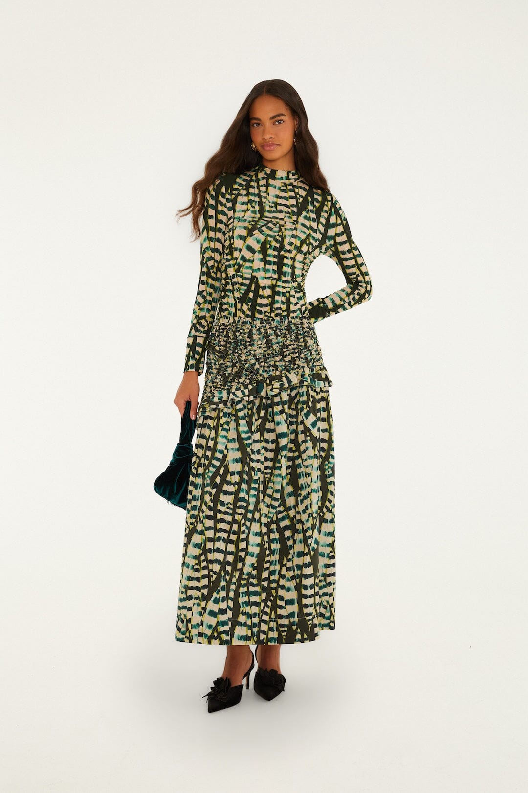 FARM Rio model wearing the Striped Leaves Long Sleeve Blouse