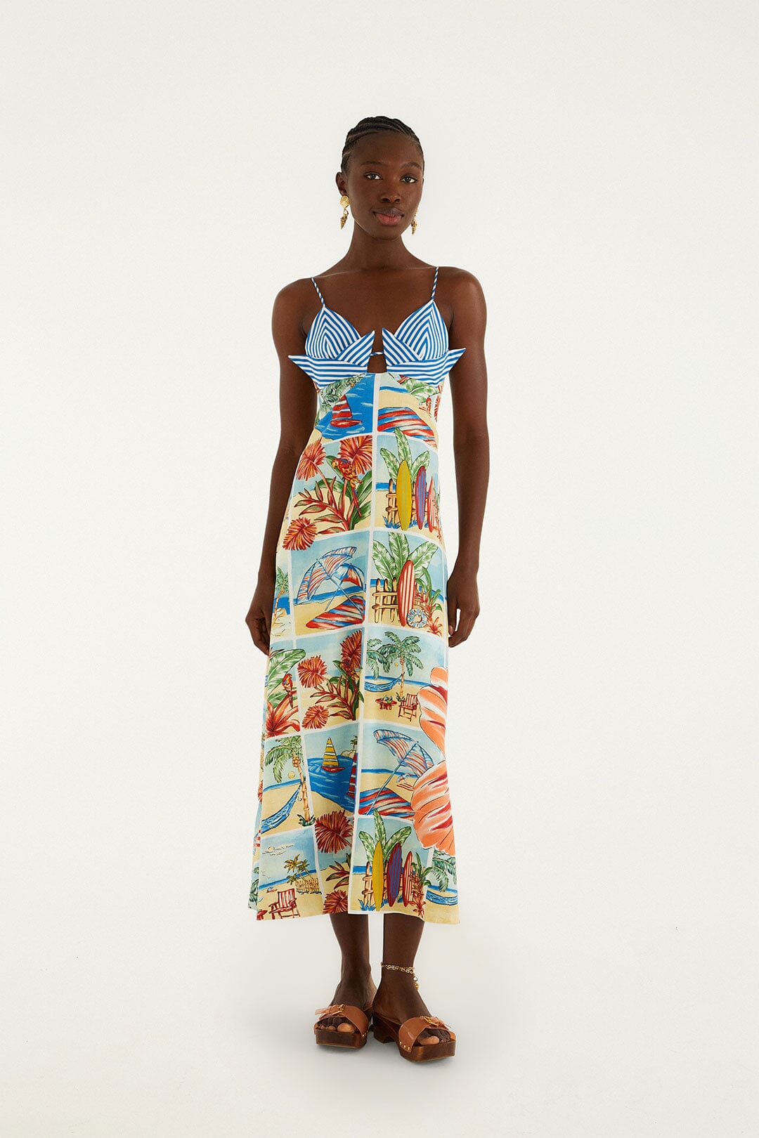 FARM Rio model wearing the Summer Diary Multicolor Paper Boat Maxi Dress