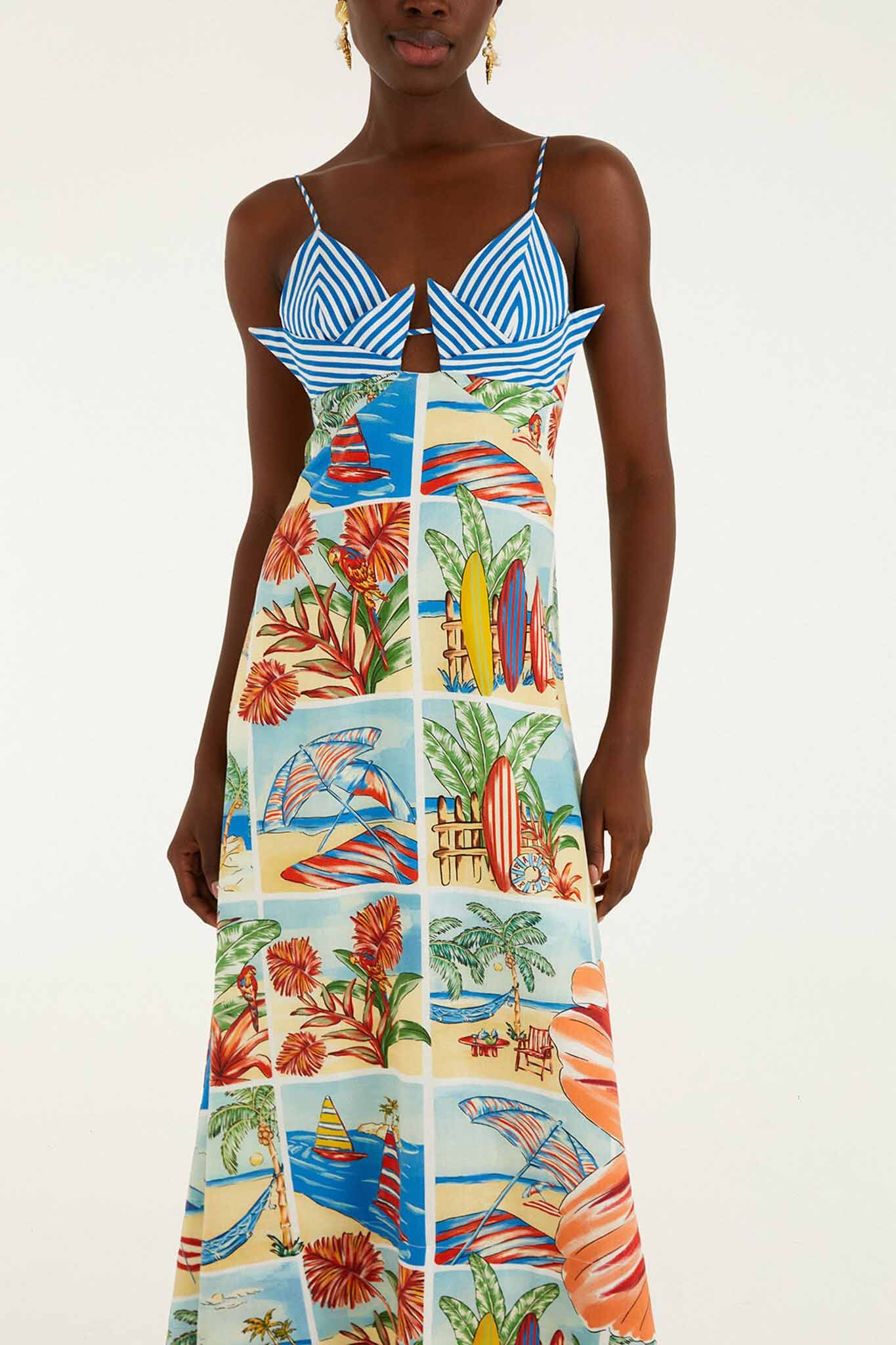 FARM Rio model wearing the Summer Diary Multicolor Paper Boat Maxi Dress