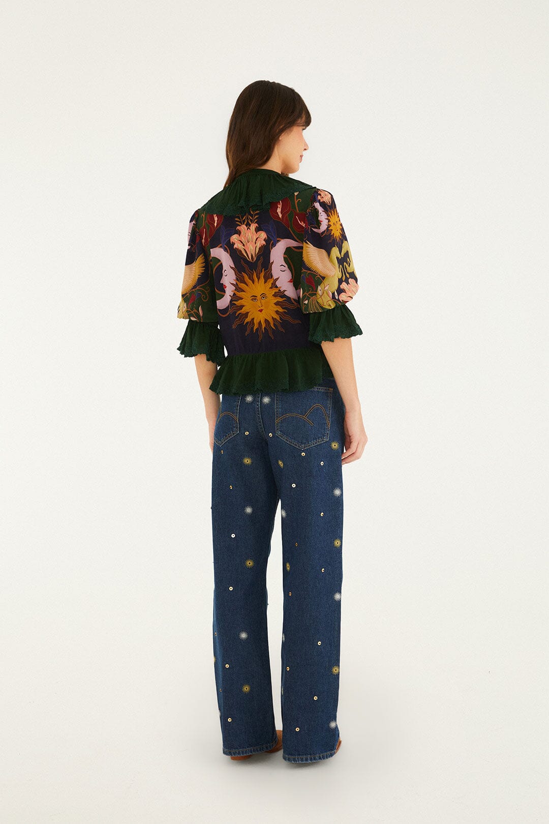 FARM Rio model wearing the Sun Embroidered Denim Pants