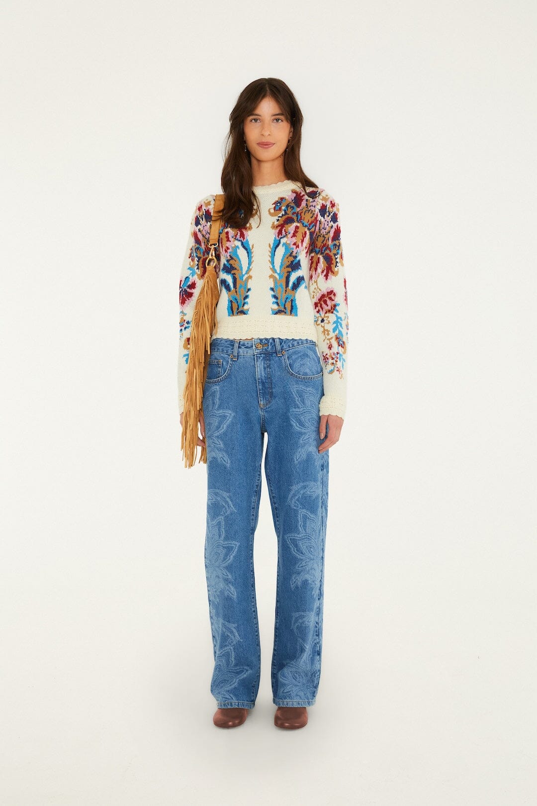 FARM Rio model wearing the Tapestry Dream Laser Denim Trousers