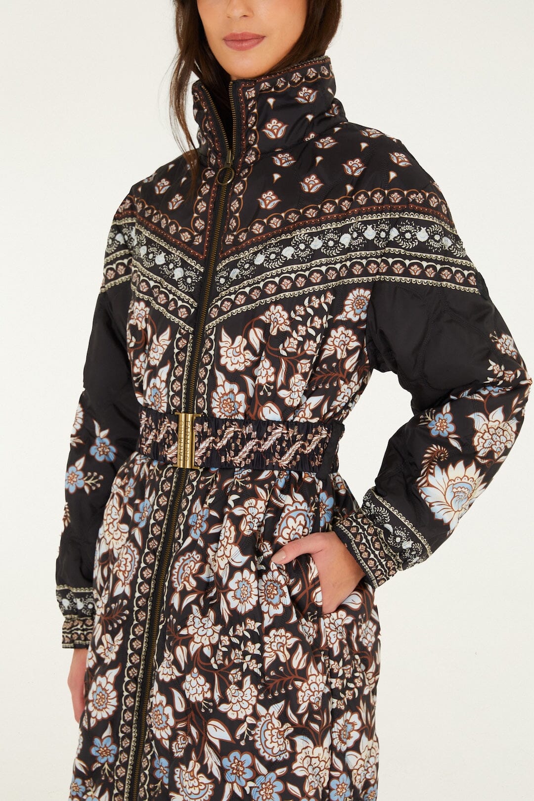 FARM Rio model wearing the Tapestry Dream Reversible Midi Puffer Jacket