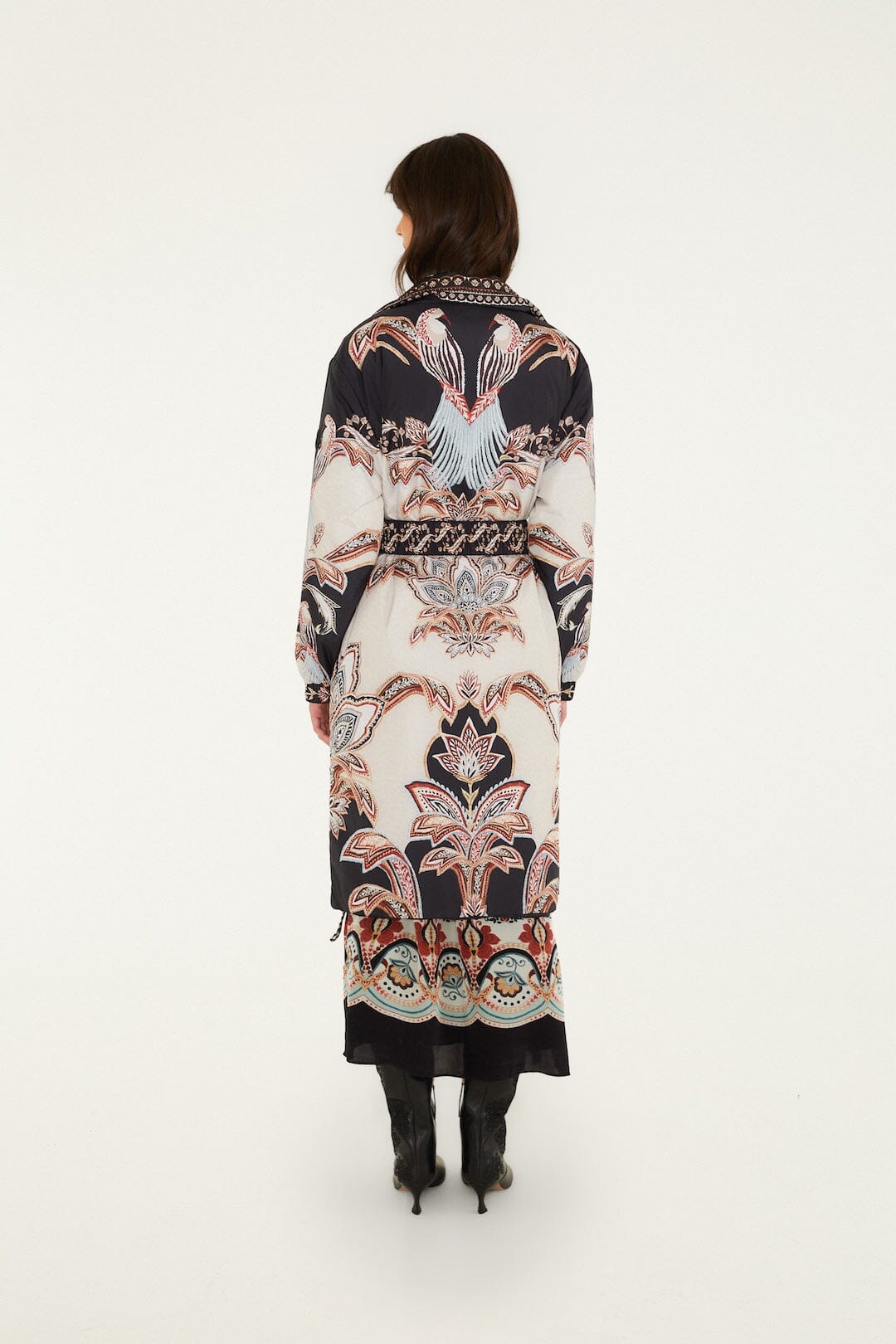 FARM Rio model wearing the Tapestry Dream Reversible Midi Puffer Jacket
