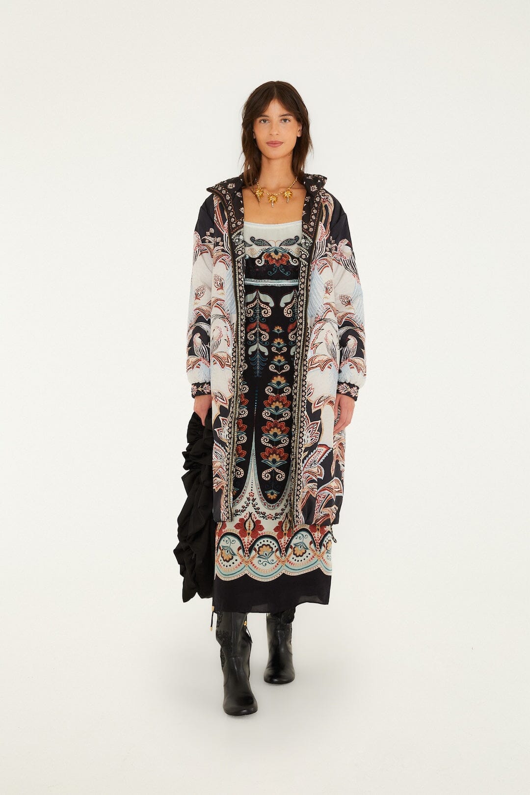 FARM Rio model wearing the Tapestry Dream Reversible Midi Puffer Jacket