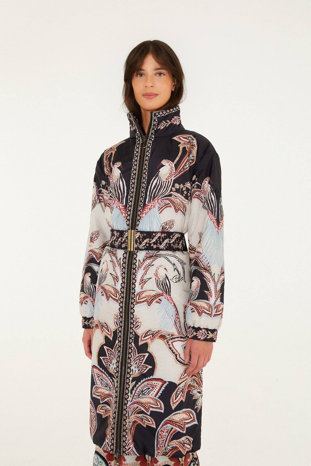 FARM Rio model wearing the Tapestry Dream Reversible Midi Puffer Jacket