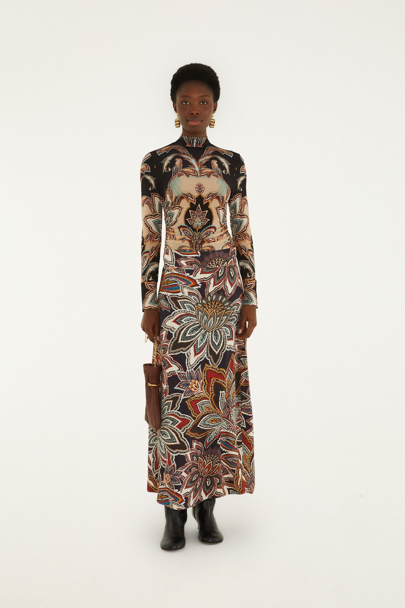 FARM Rio model wearing the Tapestry Flowers Maxi Skirt