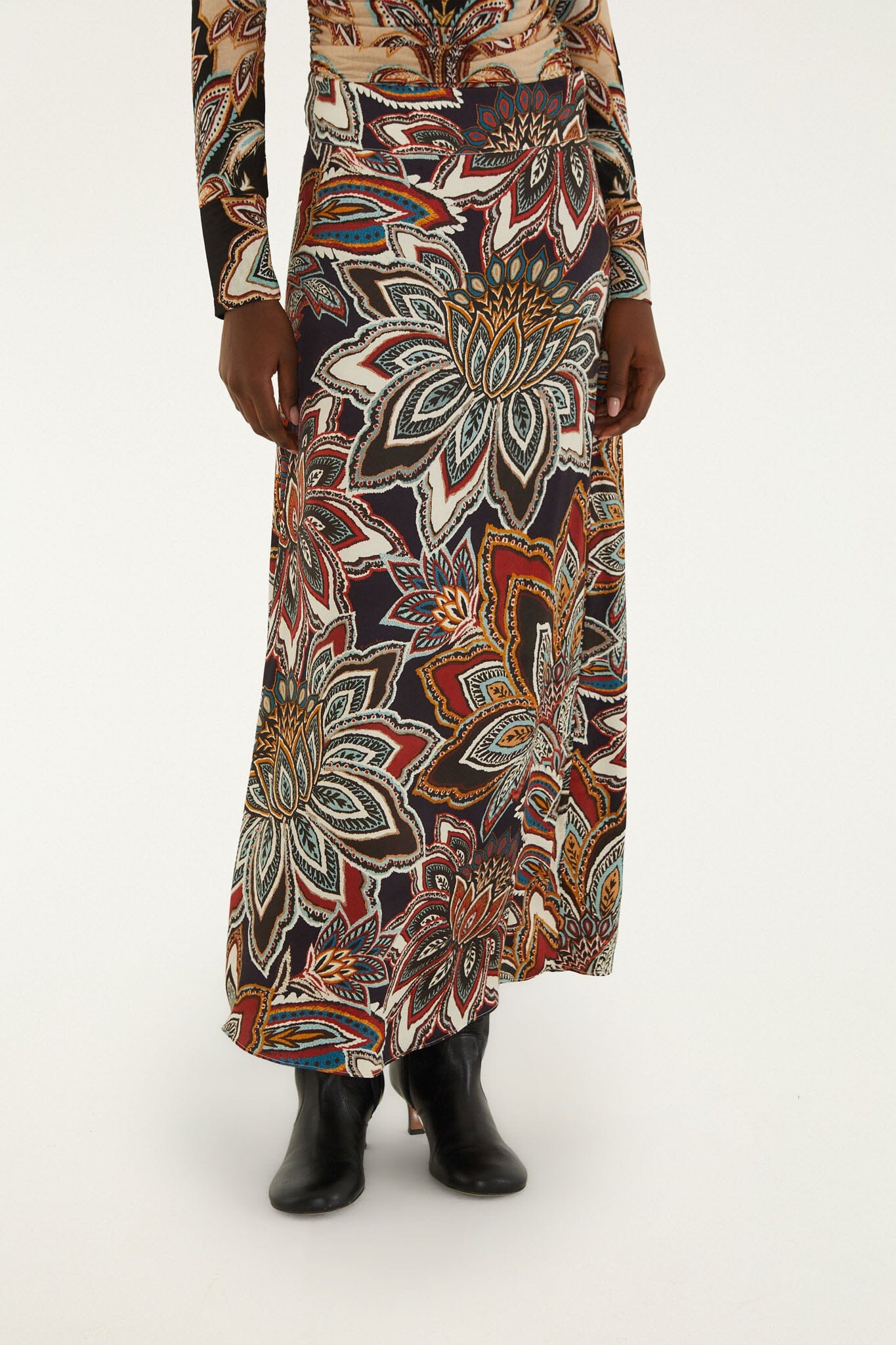 FARM Rio model wearing the Tapestry Flowers Maxi Skirt