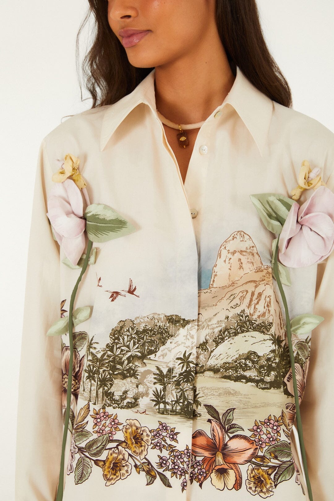 FARM Rio model wearing the Toile De Rio Off-White Long Sleeve Shirt