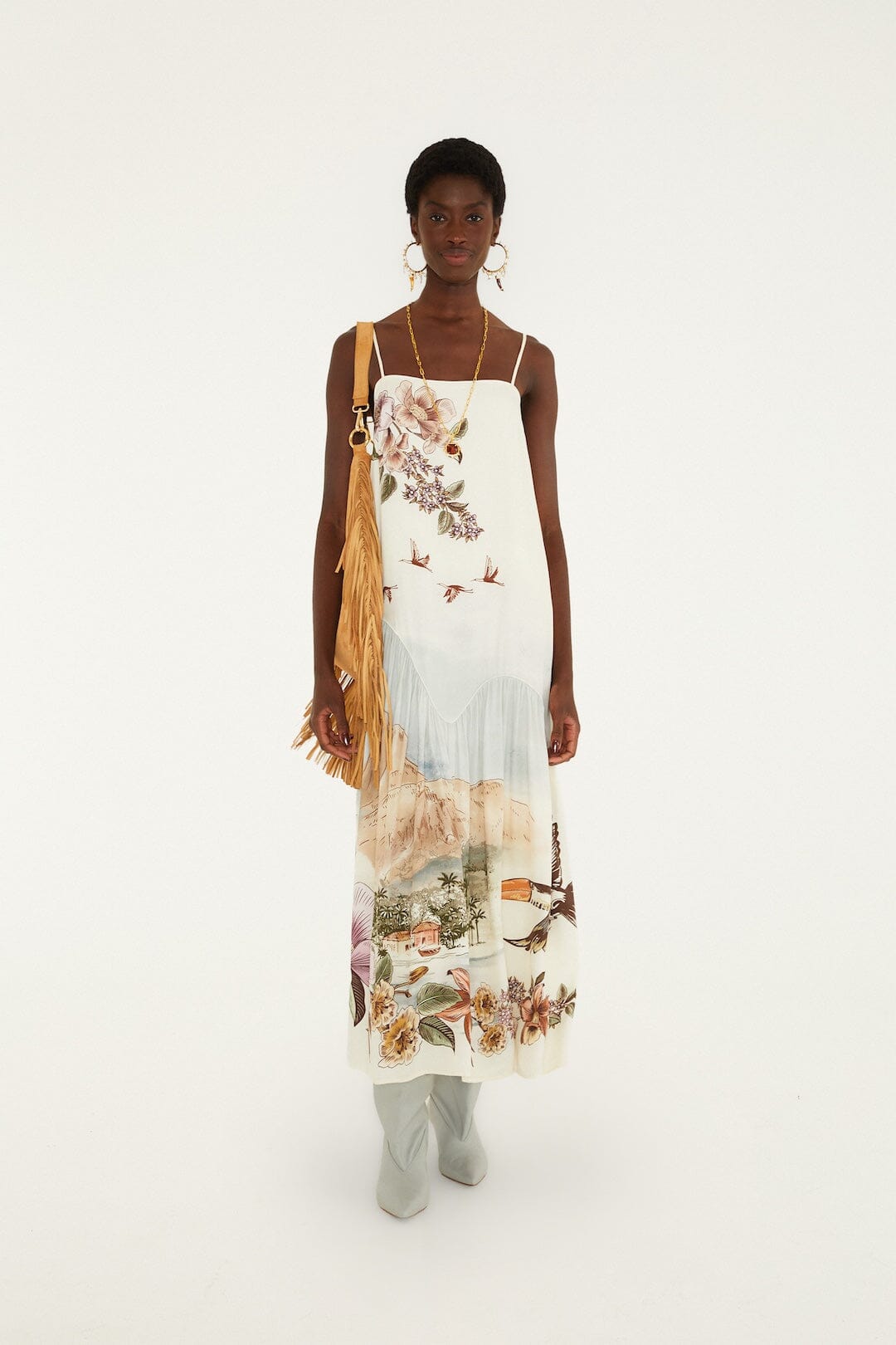 FARM Rio model wearing the Toile De Rio Off-White Maxi Sleveless Dress
