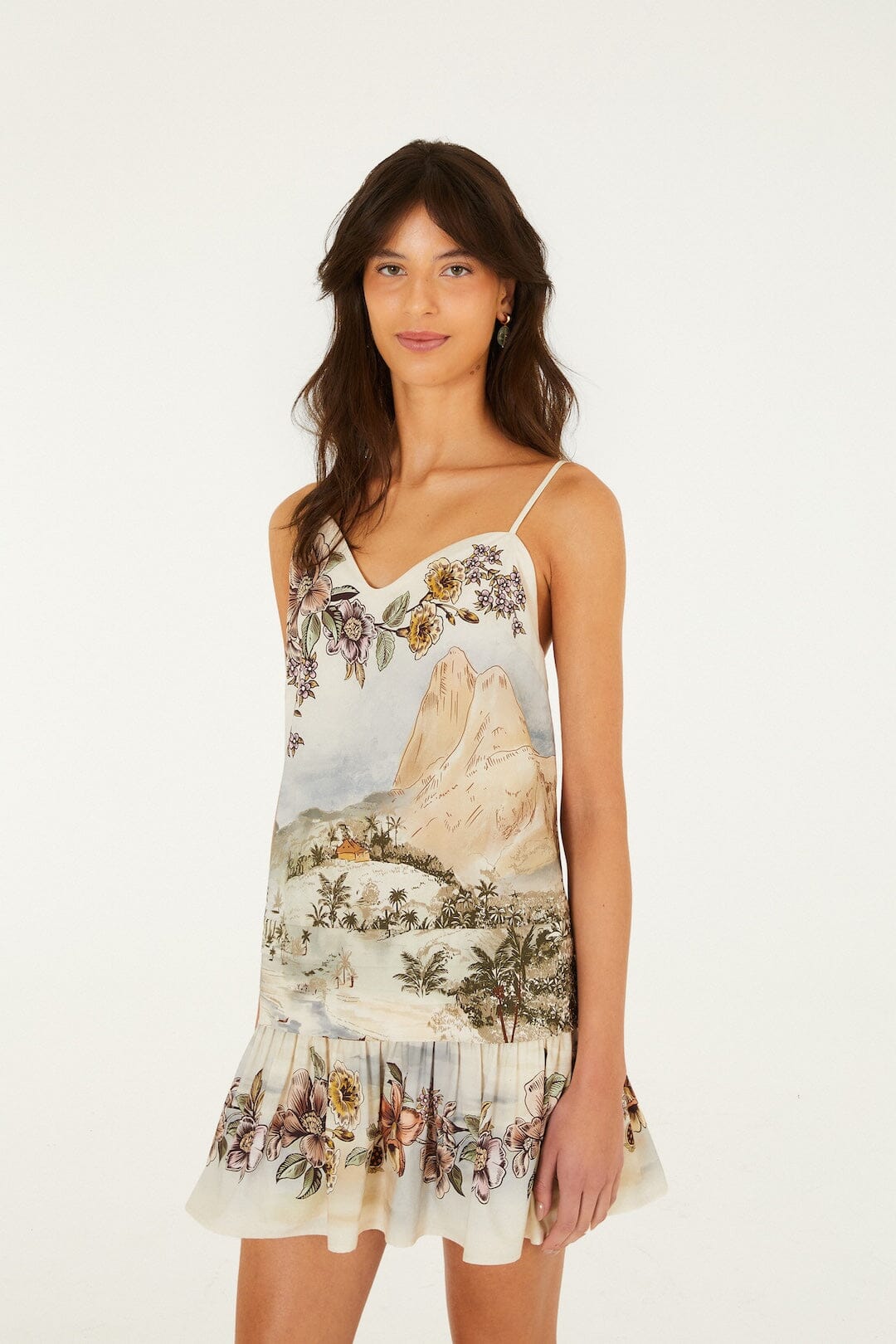 FARM Rio model wearing the Toile De Rio Off-White Mini Sleveless Dress