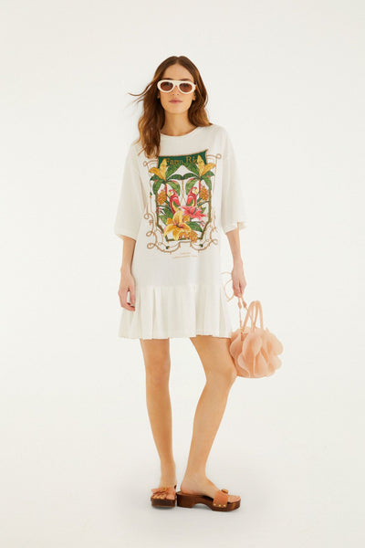 farm rio tropical tiles mini dress Farm Rio Women's Tropical Tiles Floral Linen-Blend Mini A-Line Dress - Off White Blue
