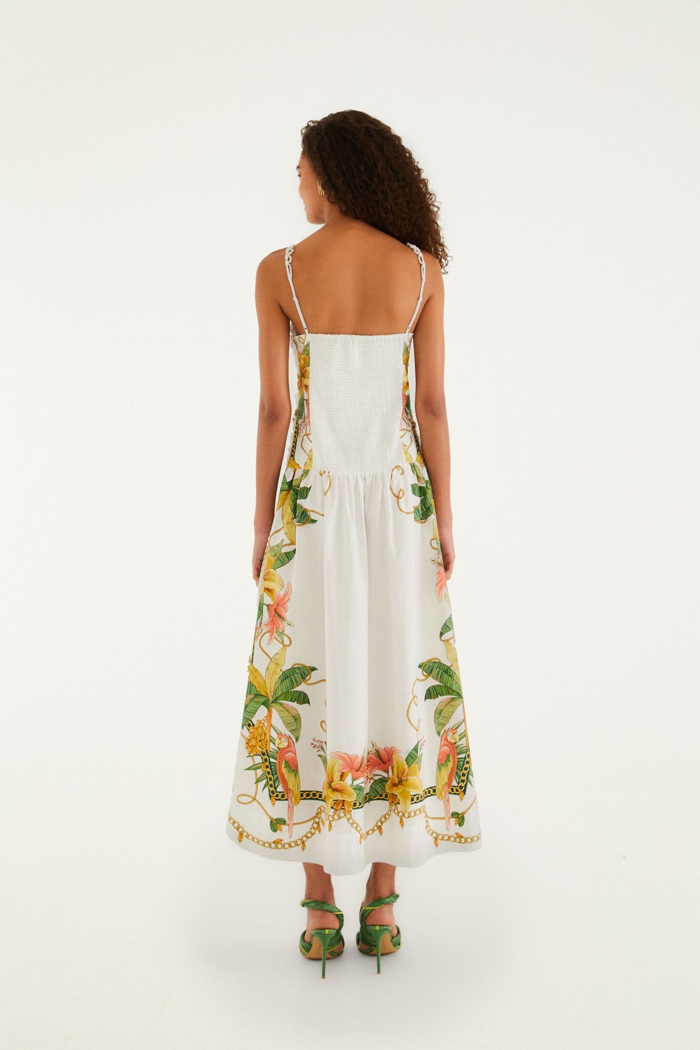 FARM Rio model wearing the Tropical Royalty Off-White Midi Dress Sleeveless