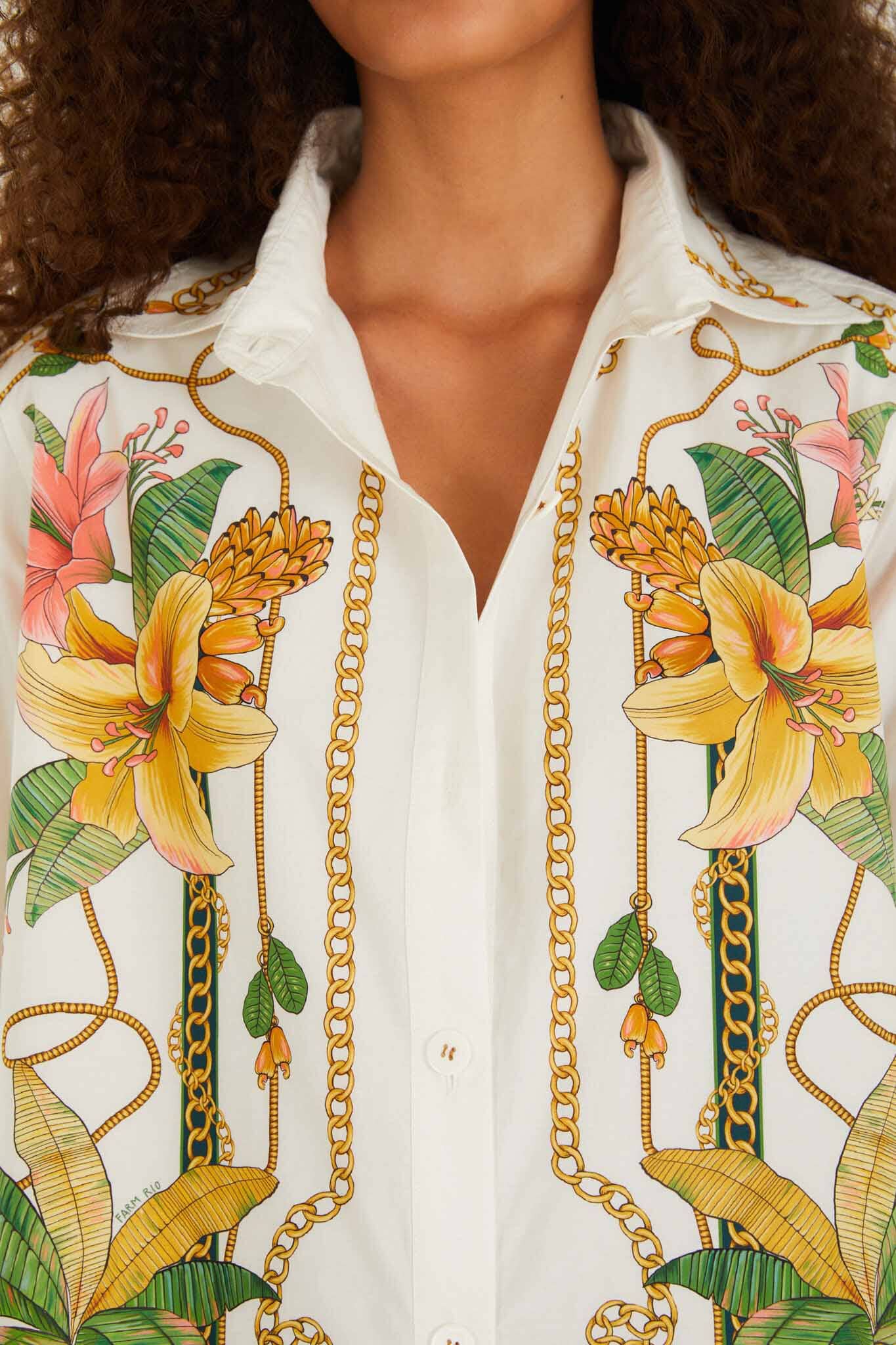 FARM Rio model wearing the Tropical Royalty Off-White Shirt Long Sleeve