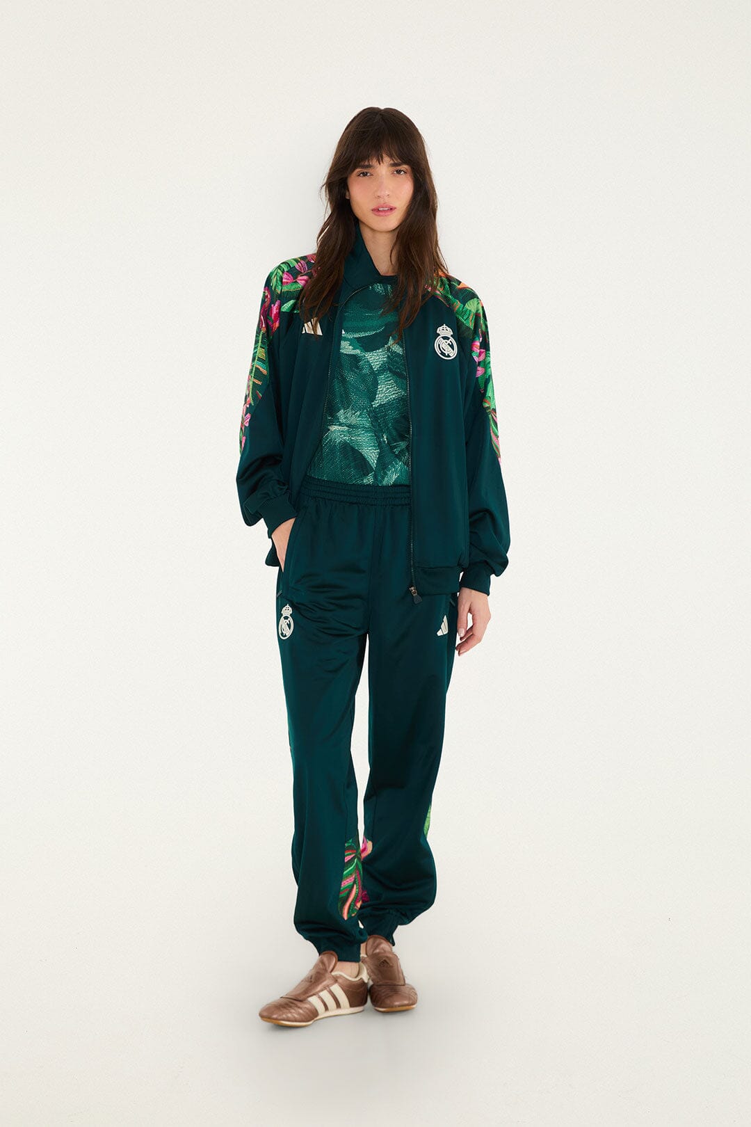 FARM Rio model wearing the Tshirt Adidas Abstract Forrest Green