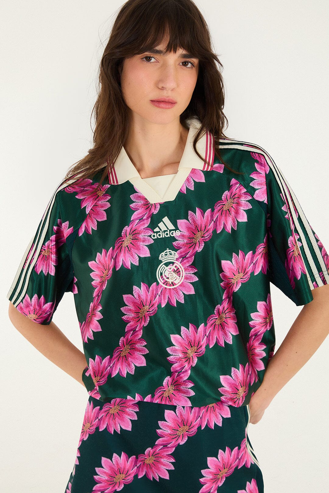 FARM Rio model wearing the Tshirt Adidas Flowerbana Green