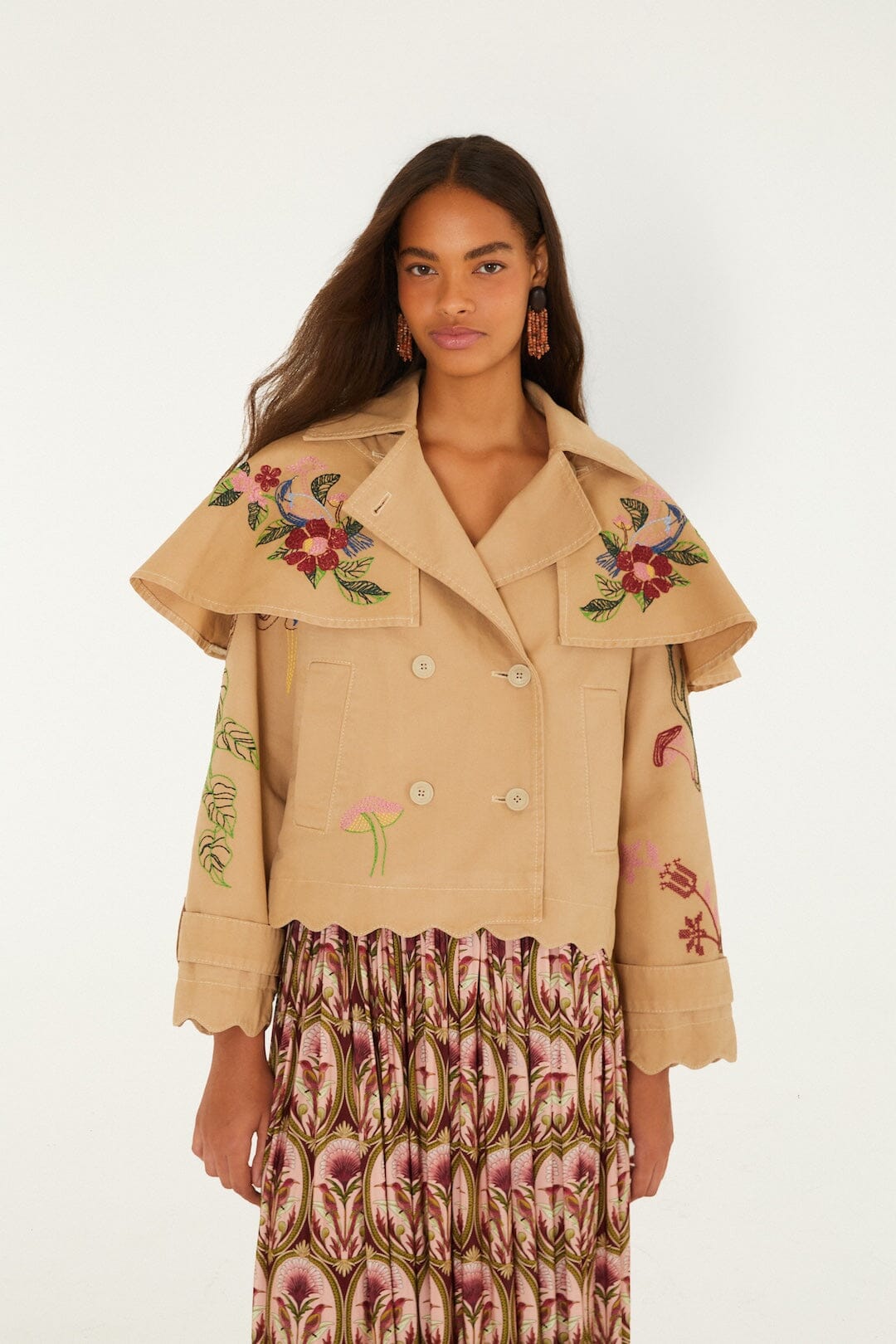 FARM Rio model wearing the Twill Mini Trench Coat