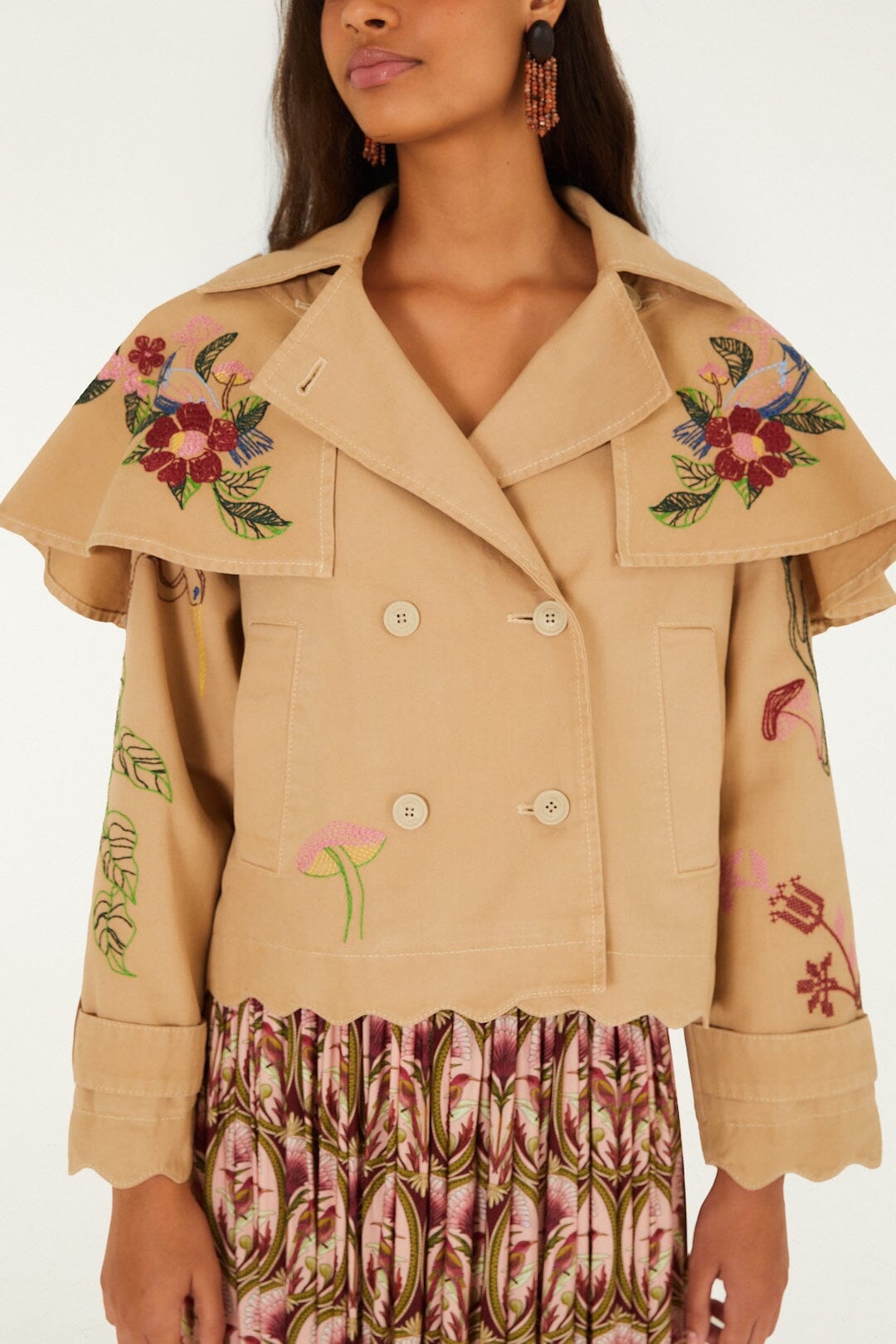 FARM Rio model wearing the Twill Mini Trench Coat