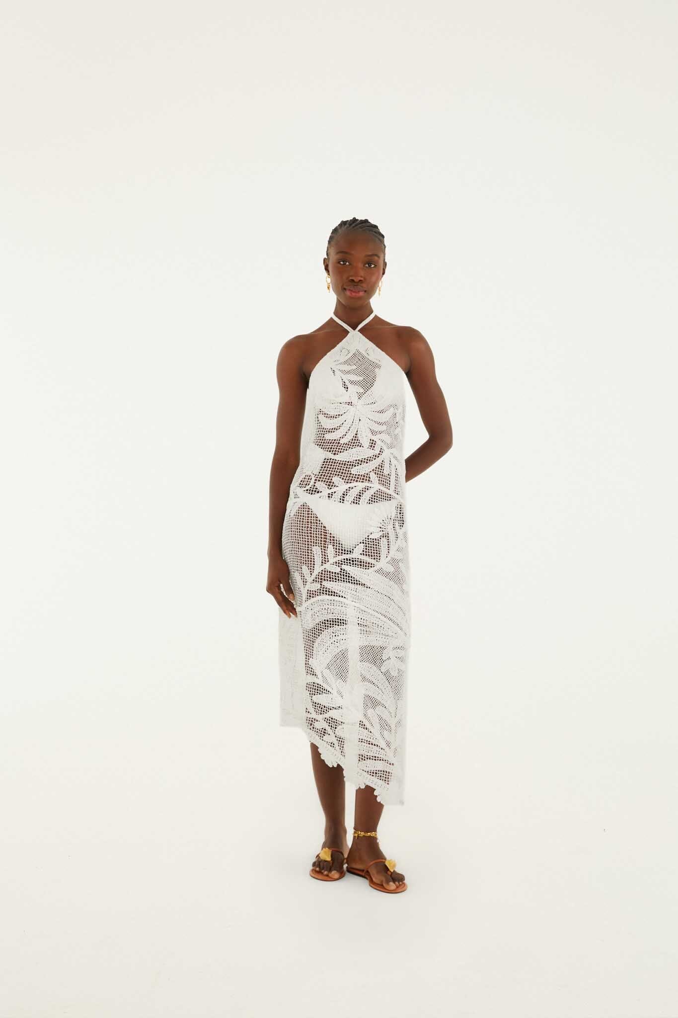 FARM Rio model wearing the White Crochet Halter Neck Sheer Midi Dress
