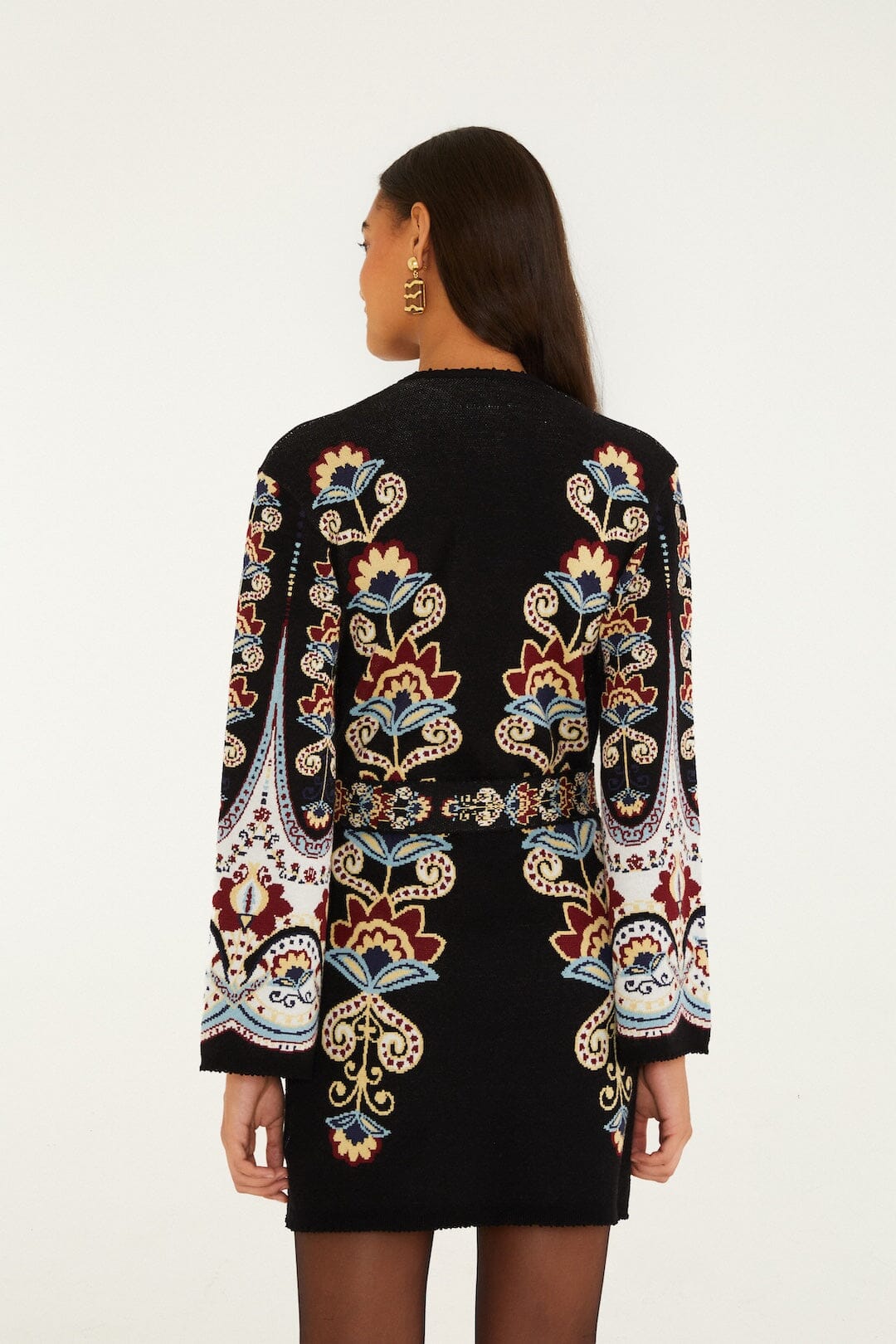 FARM Rio model wearing the Winter Floral Belted Knit Mini Dress